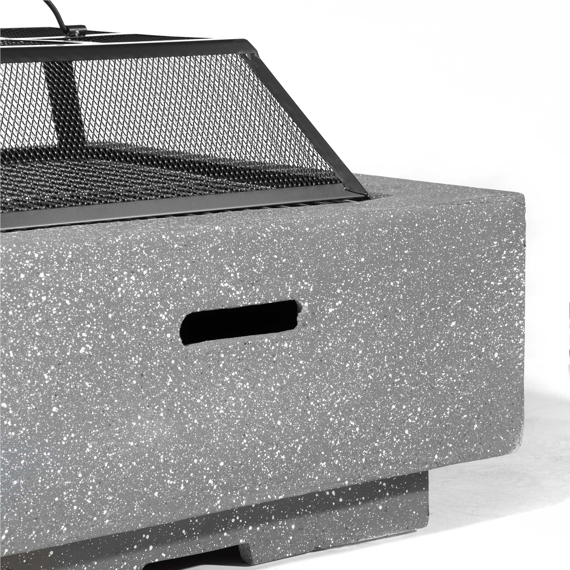 Dark Grey Square MgO Fire Pit with BBQ Grill, Safety Mesh Screen & Fire Poker - Outdoor Camping, Backyard Bonfire, Patio Heating & Grilling