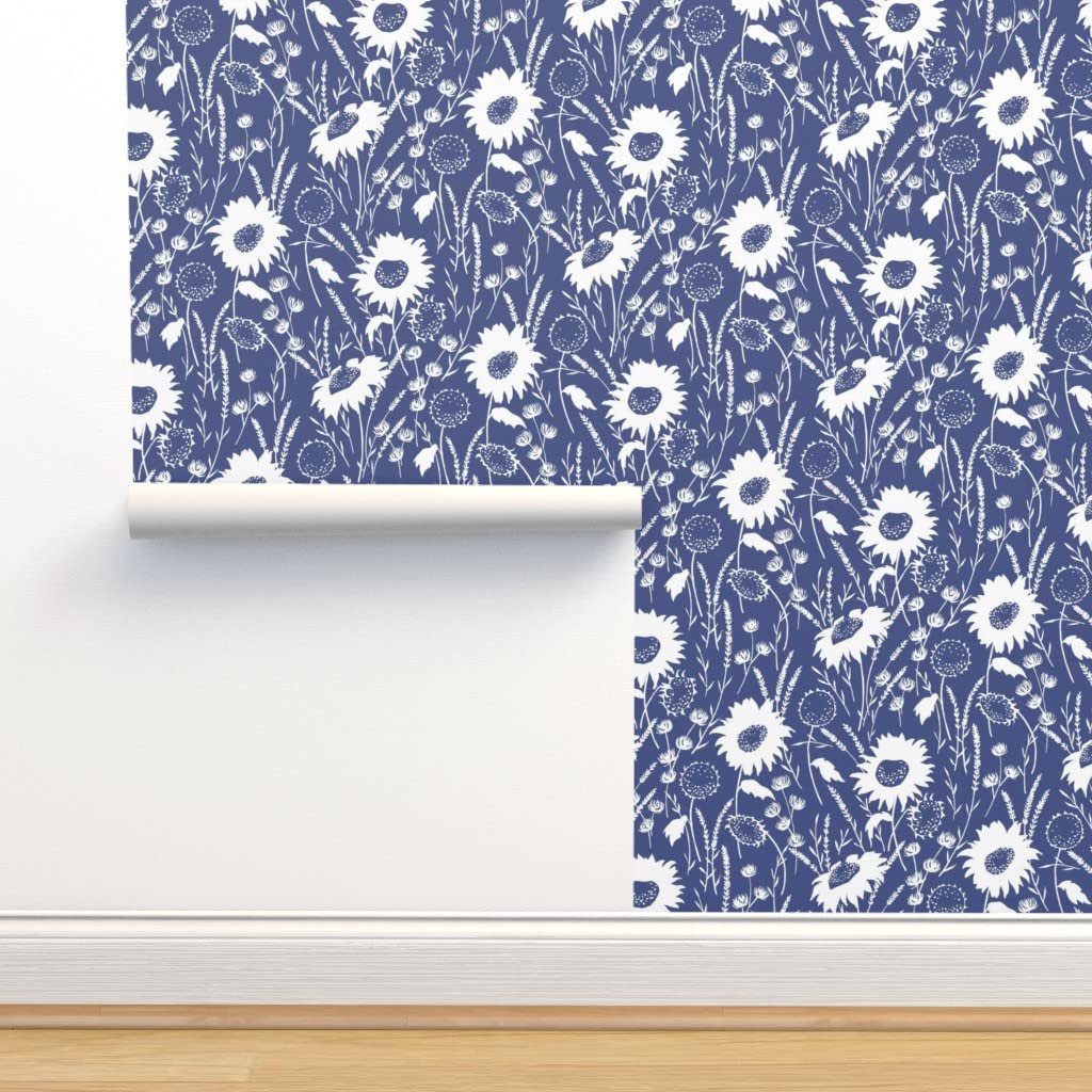 Peel and Stick Wallpaper 9ft x 2ft - Wildflowers Navy Meadow Lavender Nature Design | Removable Self-Adhesive Wallpaper for Bedroom, Nursery, Office | Easy DIY Home Decor by Spoonflower