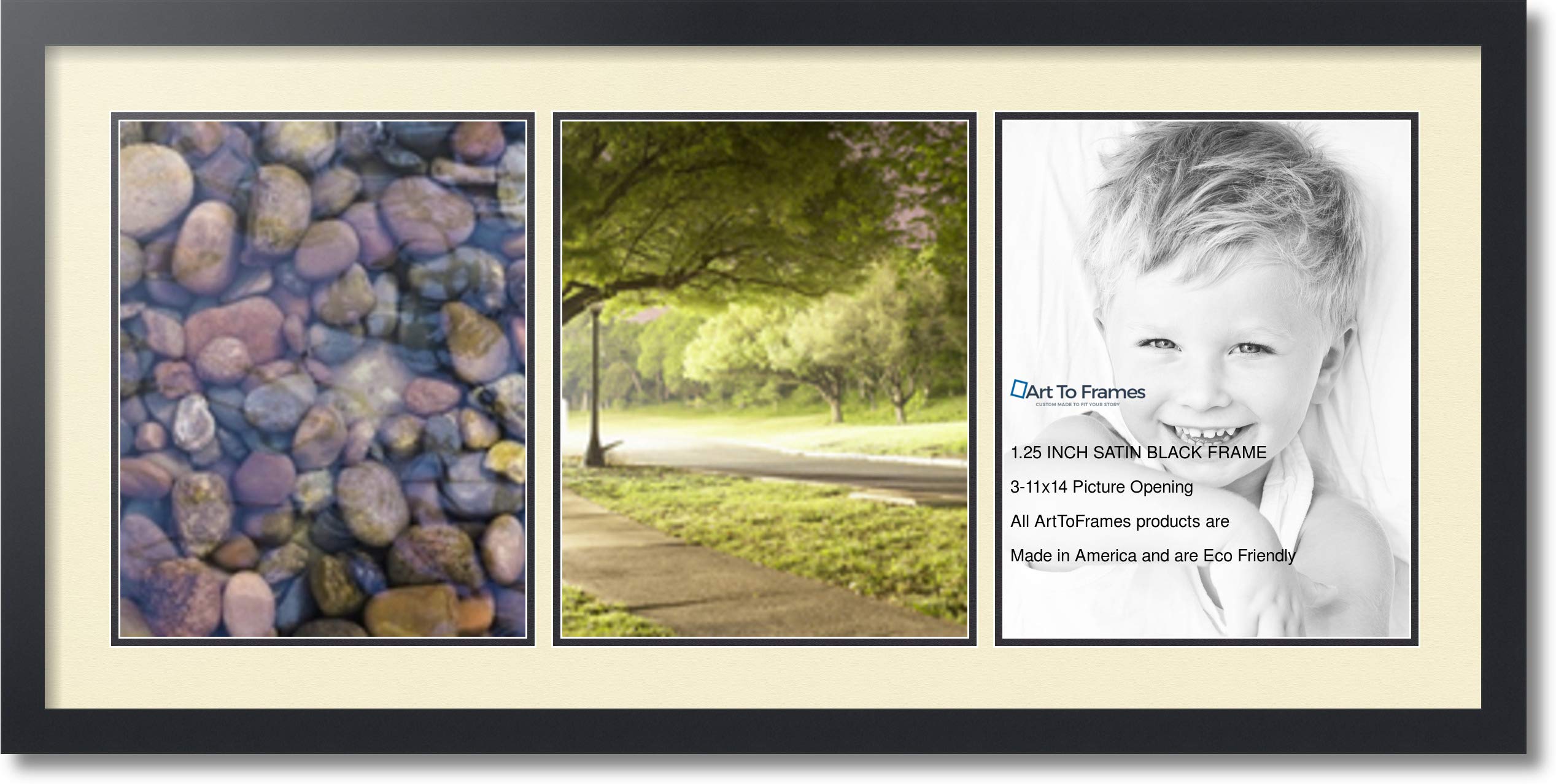 ArtToFrames 11x14 Inch Collage Picture Frame - Triple Opening Black Wood Frame with Oyster Mat for Wall Display | Perfect for Family Photos, Wedding Memories & Home Decor