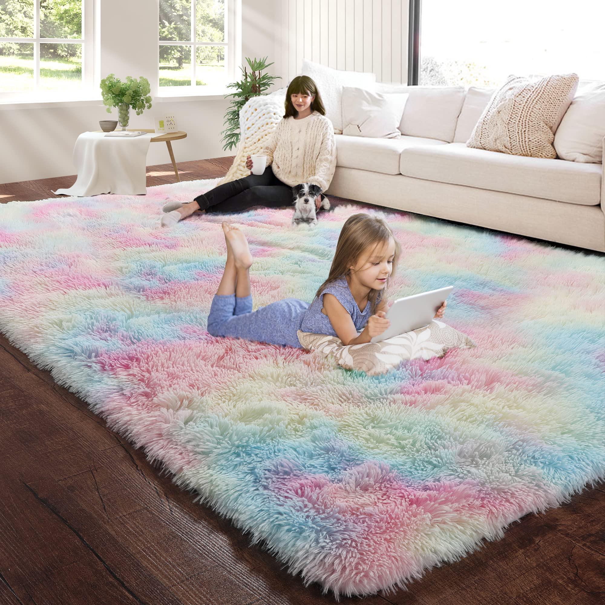 **BSTLUV 8x10 Fluffy Rainbow Rugs for Girls Bedroom - Shaggy Plush Carpet, Super Soft Large Area Rug for Living Room, Nursery, Playroom, Kids & Baby Room Decor - Perfect for Cozy Playtime & Stylish Home Decor**