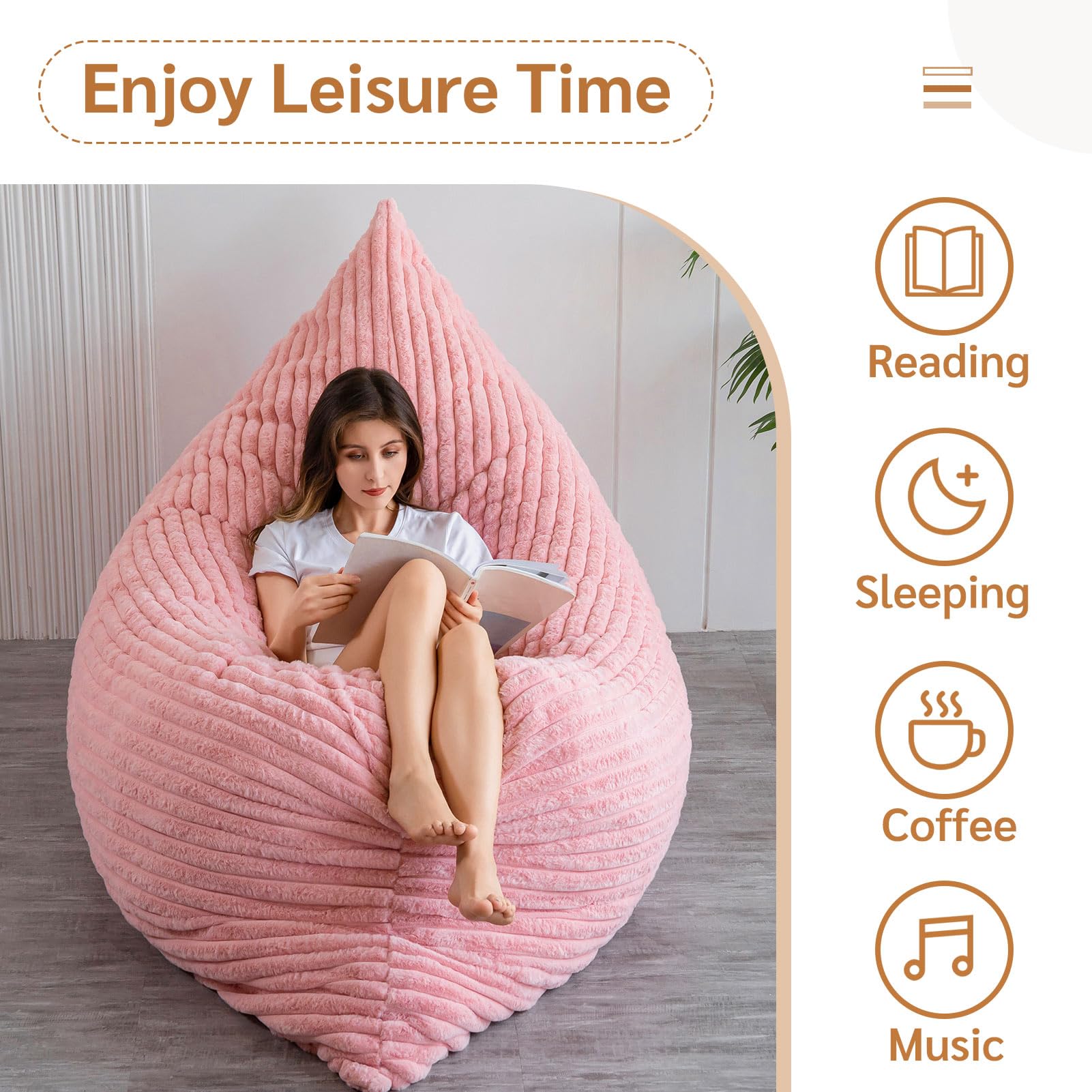 MAXYOYO 3-in-1 Convertible Bean Bag Chair - Soft Striped Faux Fur Large Floor Pillow for Kids & Adults - Pink - Perfect for Bedroom, Living Room & Dorm Room Relaxation