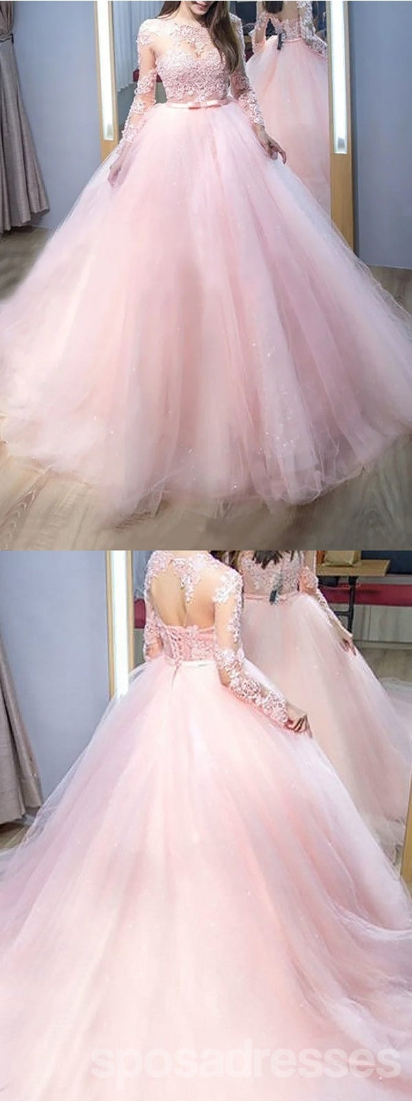 Elegant Pink A-Line Long Sleeve Prom Dress with Jewel Details - Formal Evening Gown for Homecoming, Ball, Wedding & Special Occasions - Style 12829