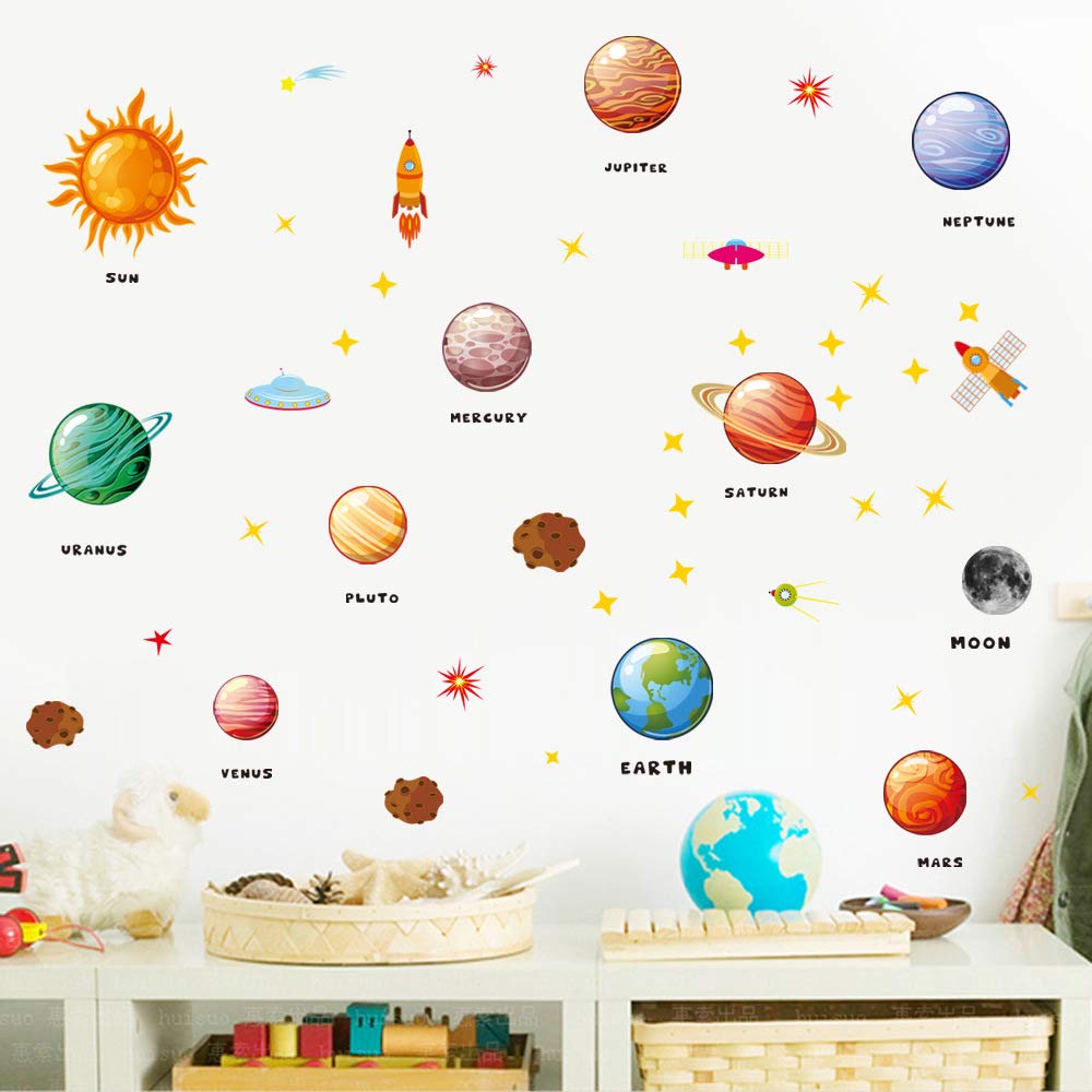 Cartoon Space Wall Stickers - Rocket, Cosmonaut & Planet Decor for Kids Room, Nursery & Playhouse | Solar System Learning Mural & Astronaut Wall Decals | Perfect for Bedroom, Classroom & Playroom Decor