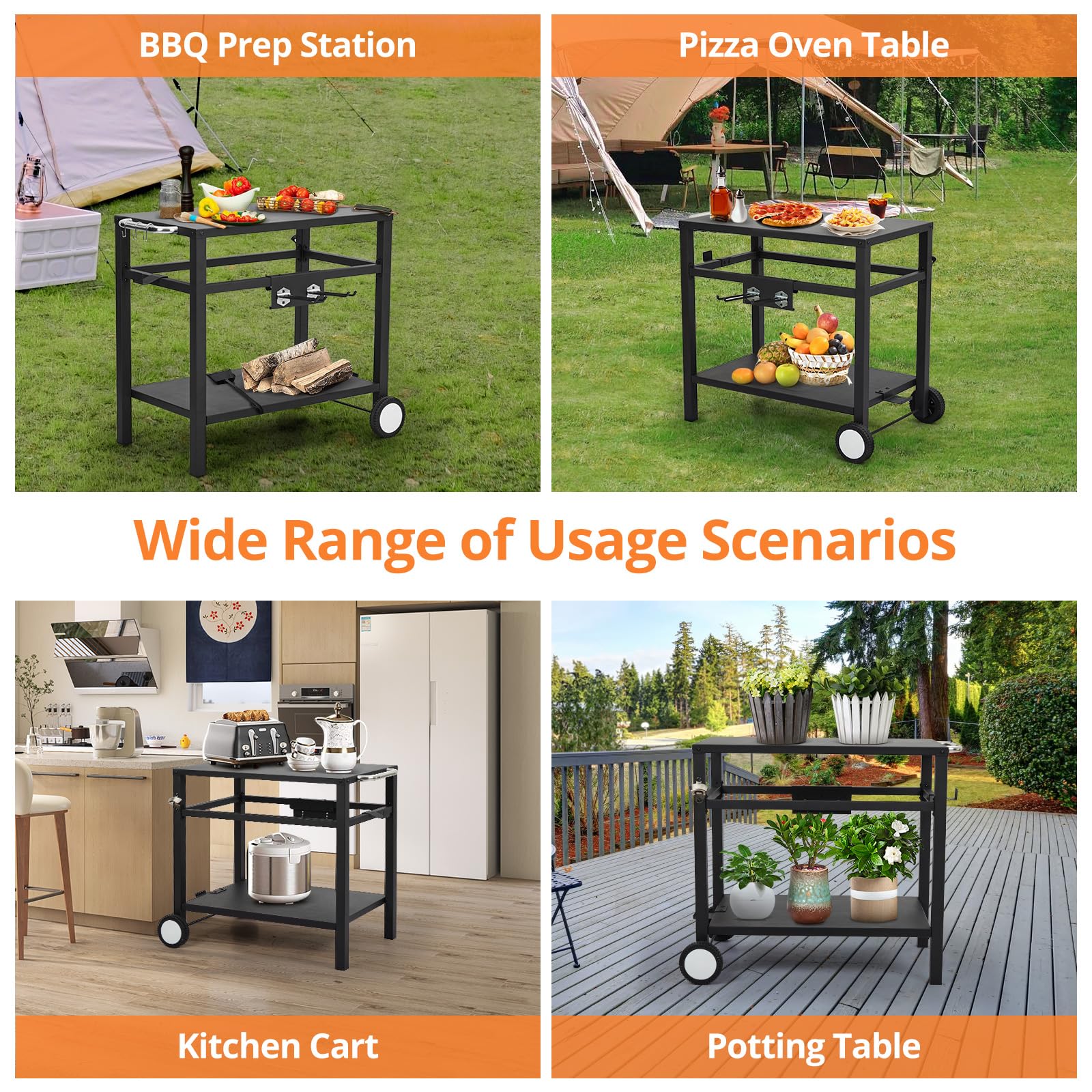 **Garvee Heavy-Duty Grill Cart with Wheels & Hooks – Portable BBQ Prep Table, Pizza Oven Stand, Double-Shelf Cooking Station – Perfect for Outdoor Grilling, Patio, Camping & Home Use (Black)**