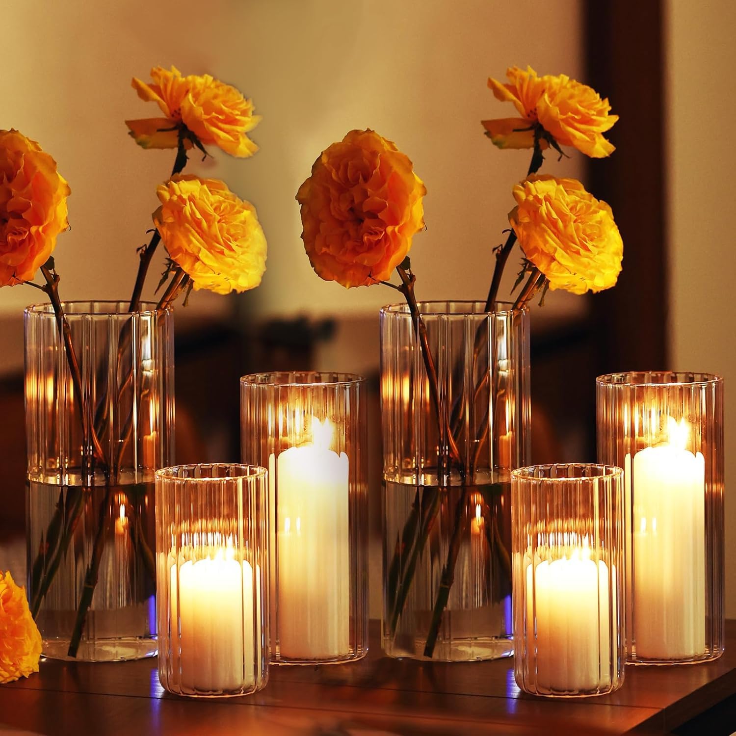 9-Piece Ribbed Glass Hurricane Candle Holders Set - 6'', 8'', 10'' Tall Cylinder Vases for Pillar Candles - Elegant Centerpieces for Weddings, Dining Tables & Home Decor