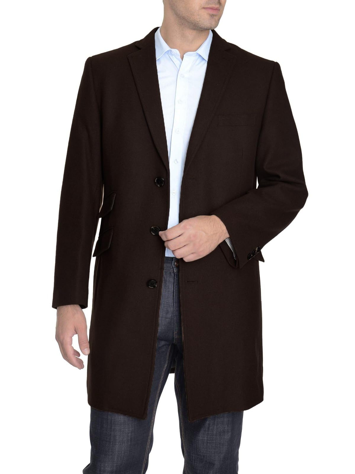 Premium Men's Wool Cashmere Blend Single Breasted Chocolate Brown 3/4 Length Top Coat - Warm Winter Overcoat for Business, Office & Formal Occasions