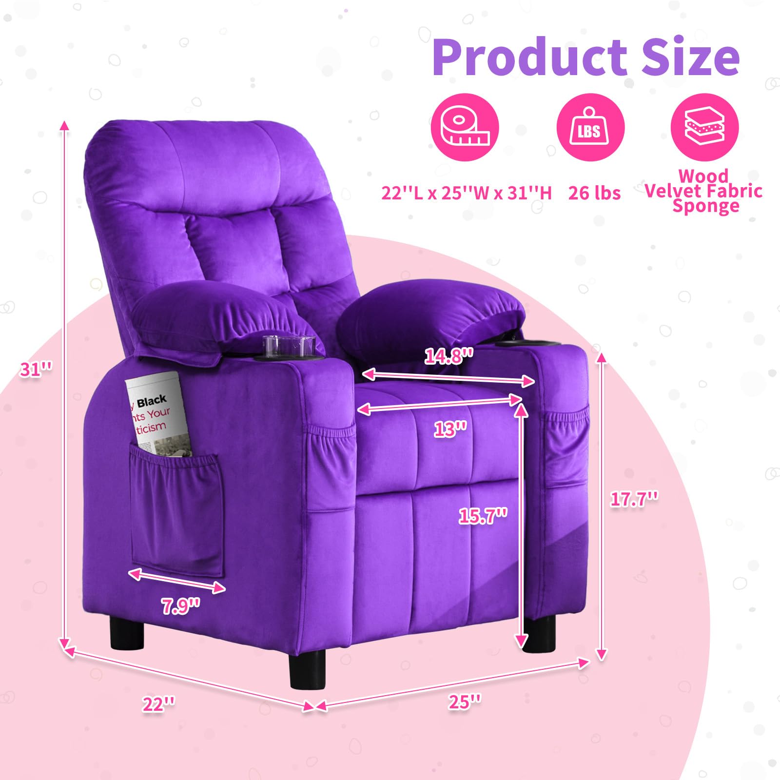 **Kids Recliner Chair with Cup Holder & Footrest - Adjustable Velvet Lounge Chair for Toddlers & Children - Ergonomic Design with Side Pockets - Soft Purple Sofa for Boys & Girls Bedroom, Playroom, or TV Room**