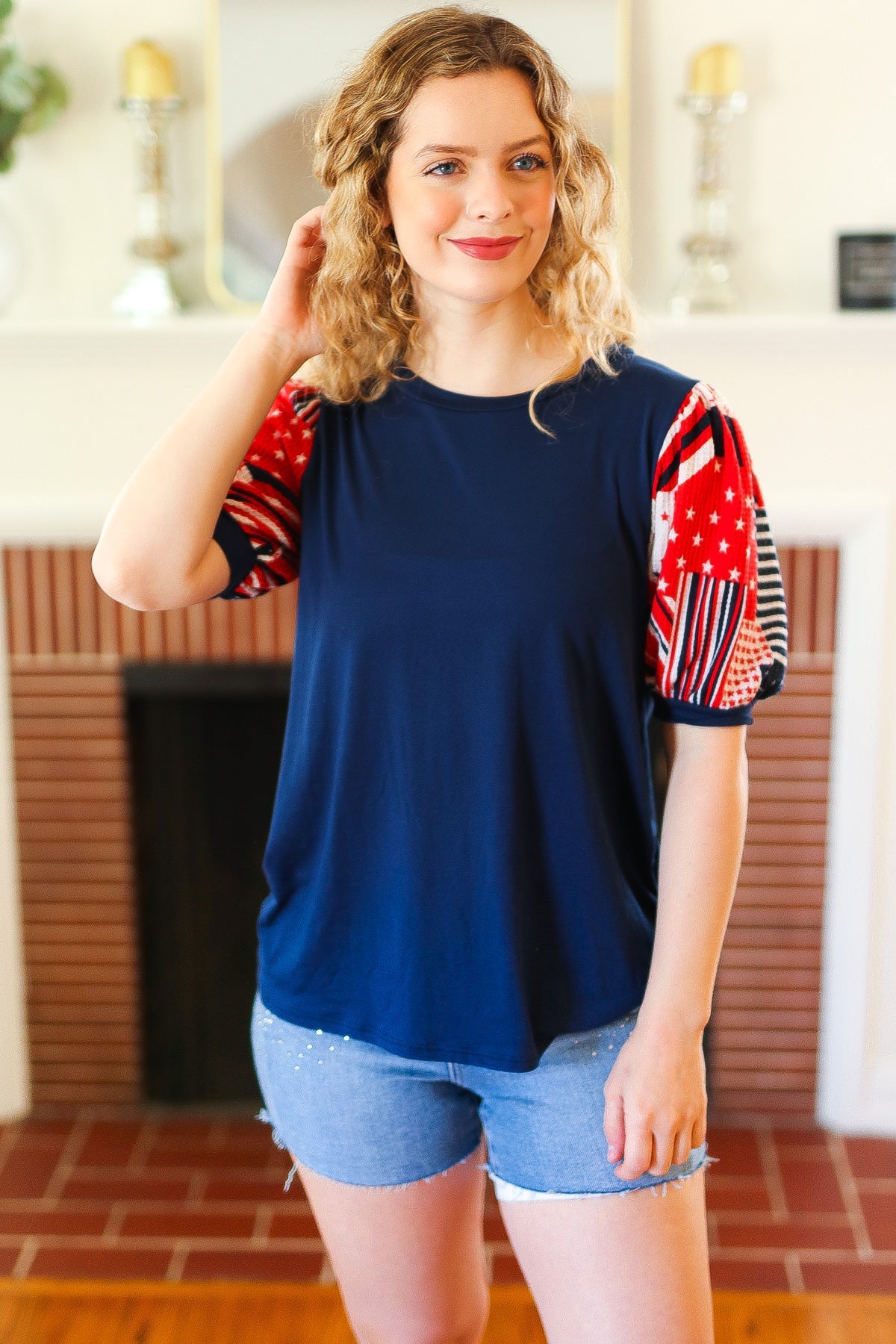 Stylish Navy Patriotic Patchwork Puff Sleeve Top for Women - Perfect for Holiday Parties & 4th of July Celebrations