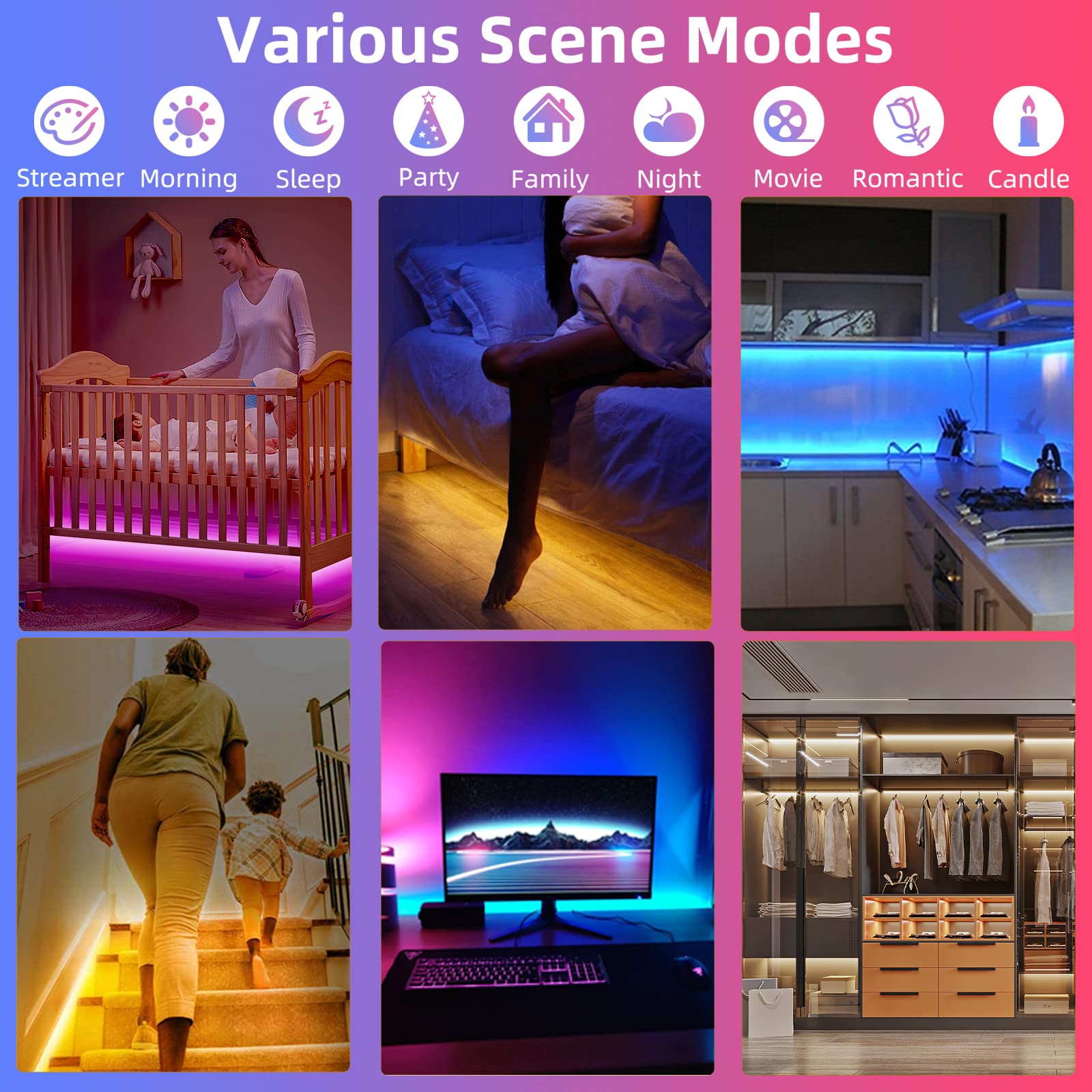 Motion Sensor Under Bed Lights - 2x13.12ft RGB LED Strip Lights with Constant On, Motion Activated & Light Sensing (3 Modes), App & 2.4G Remote Control, USB Music Sync - Perfect for Bedroom, Cabinet, Closet, Stairs & Home Decor Lighting