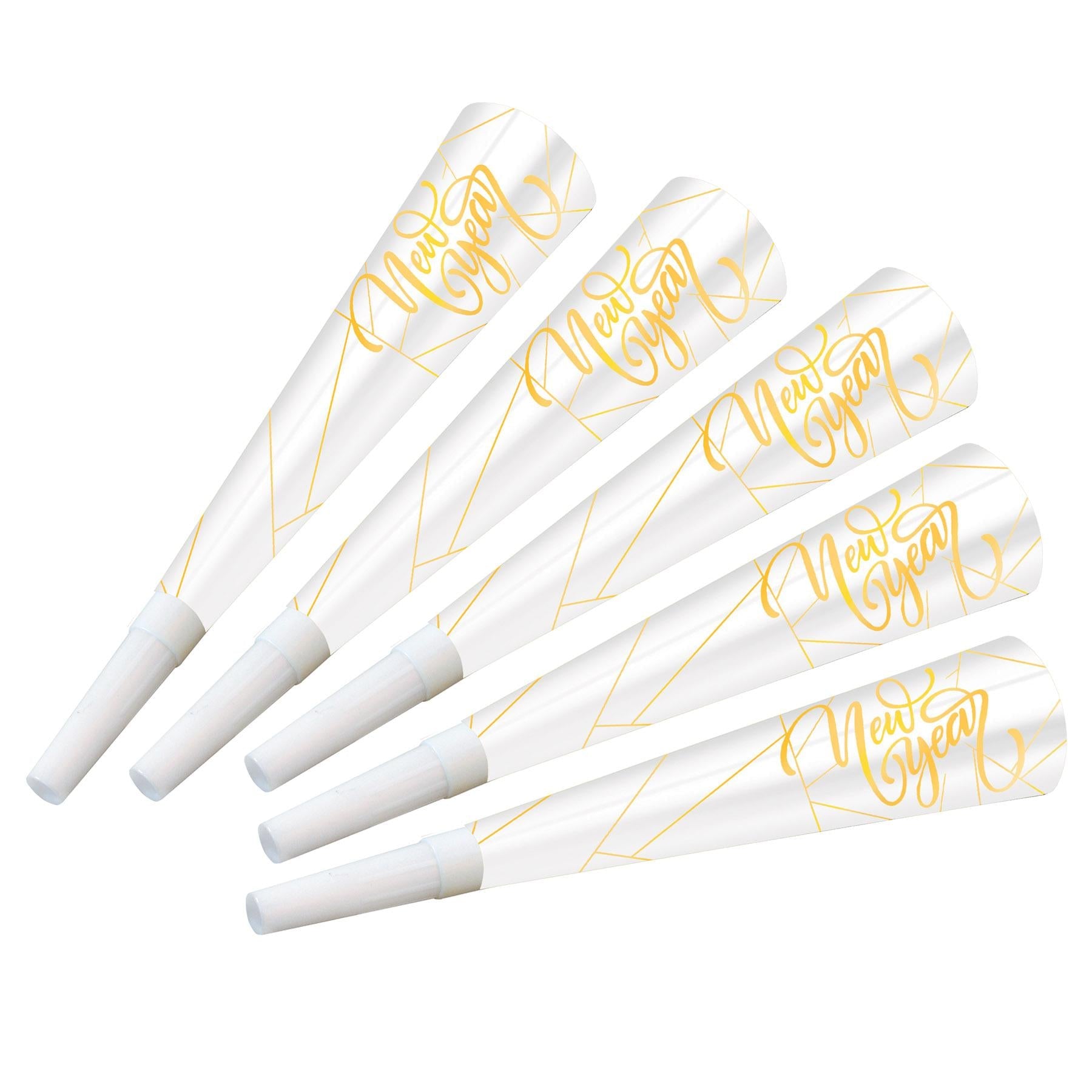 100 Pack Beistle White New Year Gold Party Horns - Perfect for New Year's Eve Celebrations, Birthday Parties & Festive Events