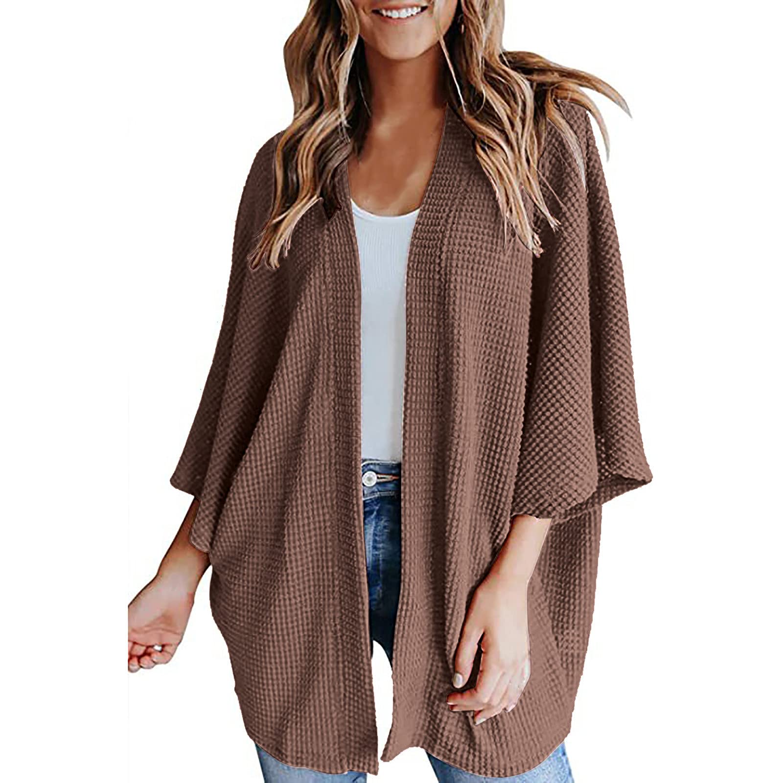 Women's Open Front Waffle Knit Kimono Cardigan - Casual Batwing Sleeve Solid Color Sweater for Lounge, Layering & Spring Outfits