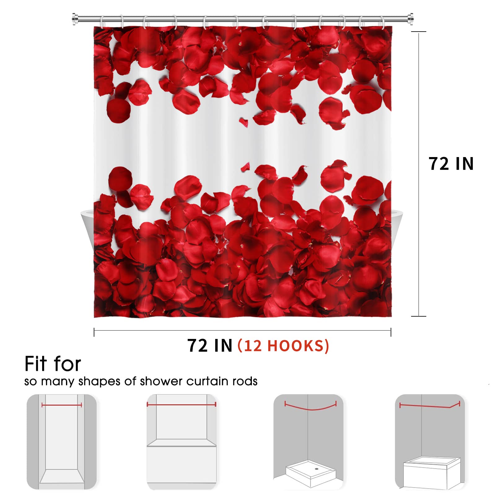 Valentine's Day Rose Shower Curtain - Waterproof Floral Bathroom Decor with Hooks, 72x72 Inch - Romantic Red Rose Design for Couples Gift & Master Bathroom Upgrade