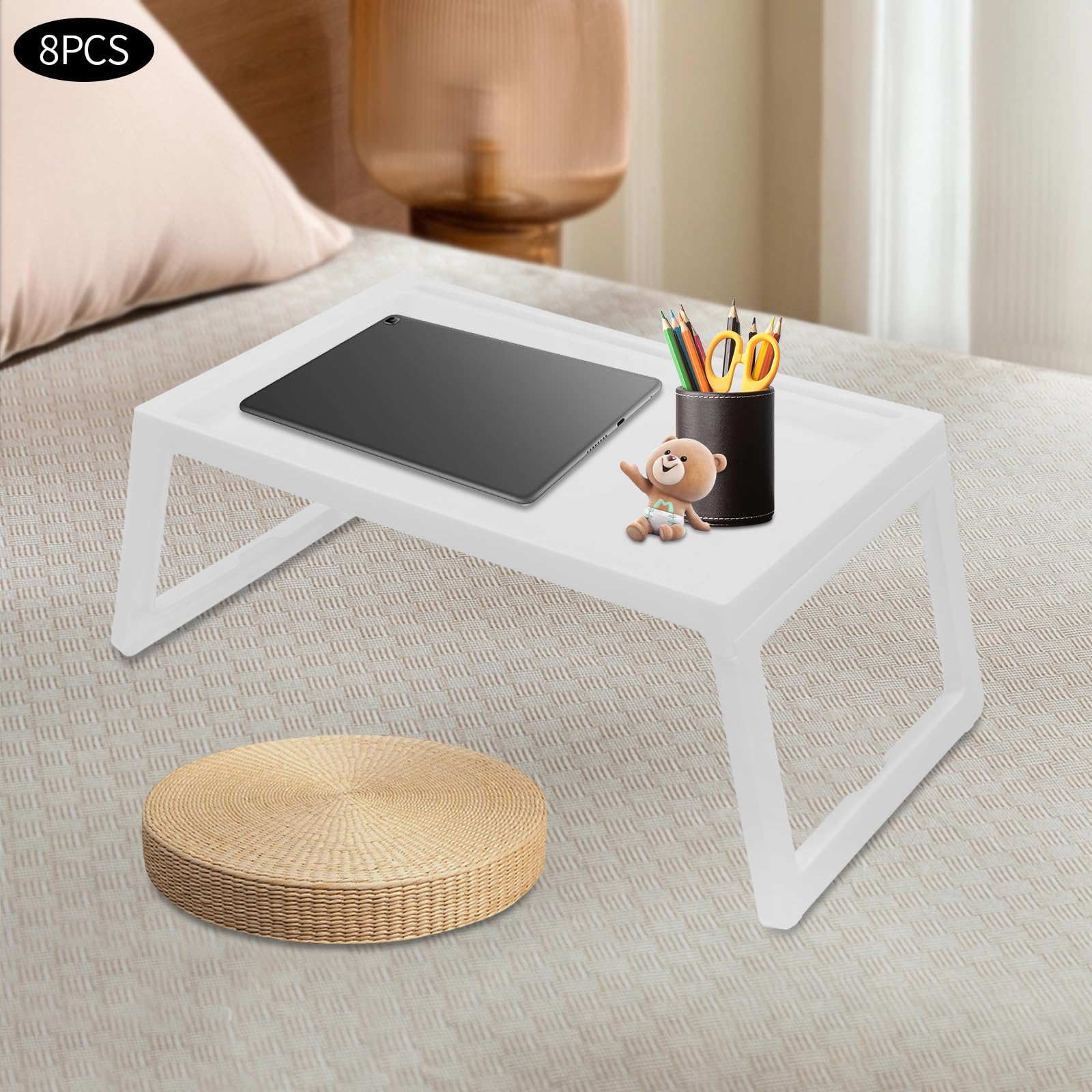**Foldable Bed Tray Table with Adjustable Legs - Set of 8 Portable TV Trays for Eating, Working & Studying - 25.6 x 14 Inch Lightweight Plastic Lap Desk - Perfect for Kids, Adults in Bedroom, Living Room, Sofa & Office (White, 8-Pack)**    *(Ideal for breakfast in bed, remote work, laptop use, snacks, crafts, and study sessions!)*