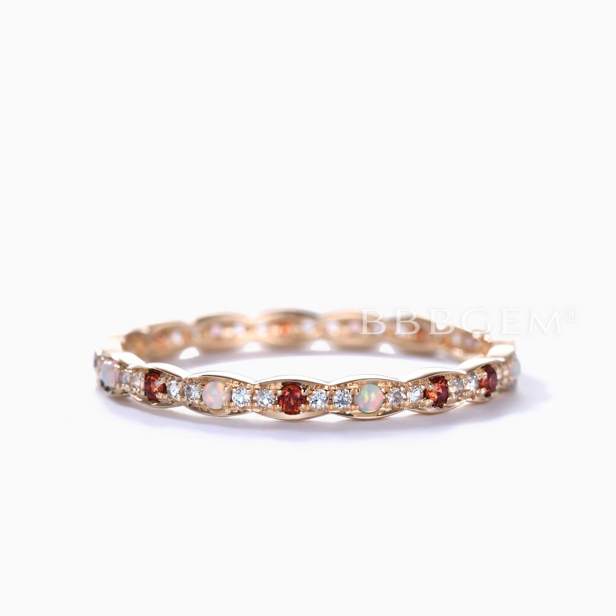 Opal Garnet Aquamarine 14k Yellow Gold Wedding Band - Birthstone Full Eternity Ring for Women - Perfect for Anniversary, Engagement & Bridal Jewelry Gifts