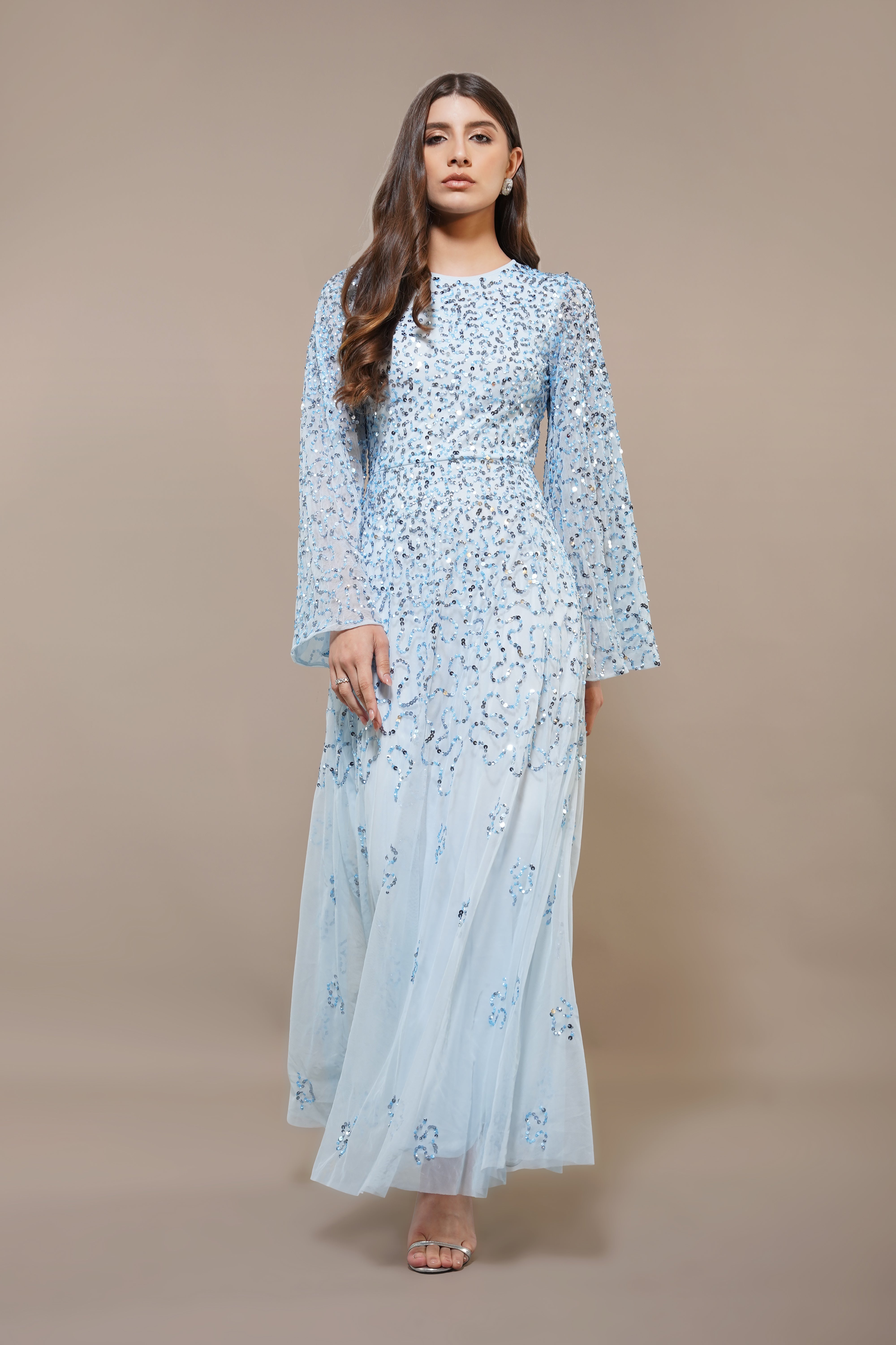Sloane Long Sleeve Embellished Maxi Dress - Sky Blue Women's Elegant Evening Gown for Parties, Weddings & Special Occasions