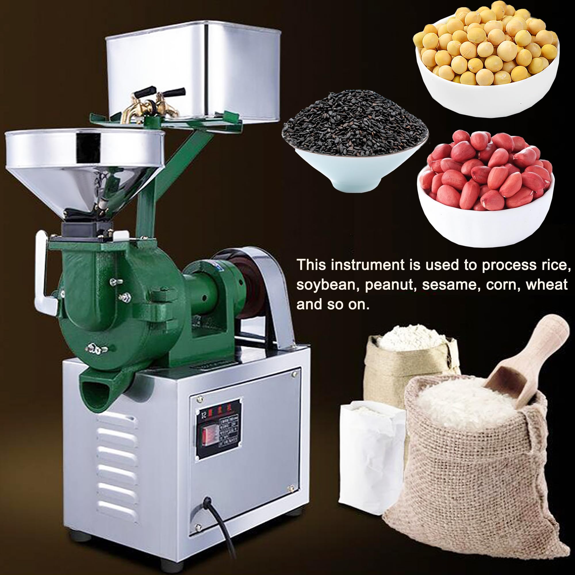 Commercial Electric Grain Grinder Machine for Rice, Soybean, Corn - Wet & Dry Grinding with 2 Wheels - 110V Silver Grain Mill for Cereals, Wheat, Feed Flour - Perfect for Home Kitchens & Small Businesses