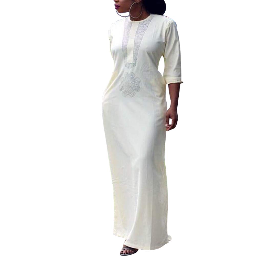 Elegant White Diamond-Bordered Slim Fit Maxi Dress for Women with Matching Headwrap - African Inspired Formal & Party Wear - Perfect for Weddings, Church, and Special Occasions