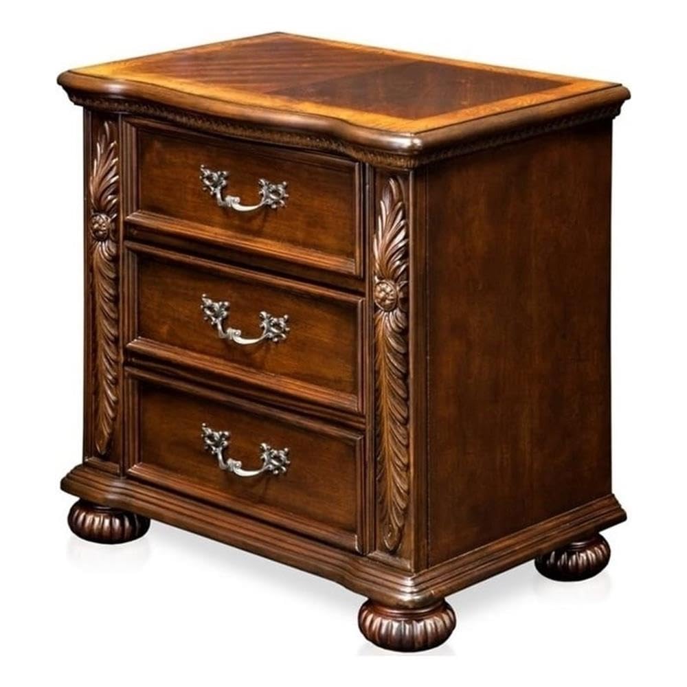 BOWERY HILL 3-Drawer Solid Wood Nightstand - Traditional Cherry Brown Bedside Table for Bedroom Furniture & Home Decor