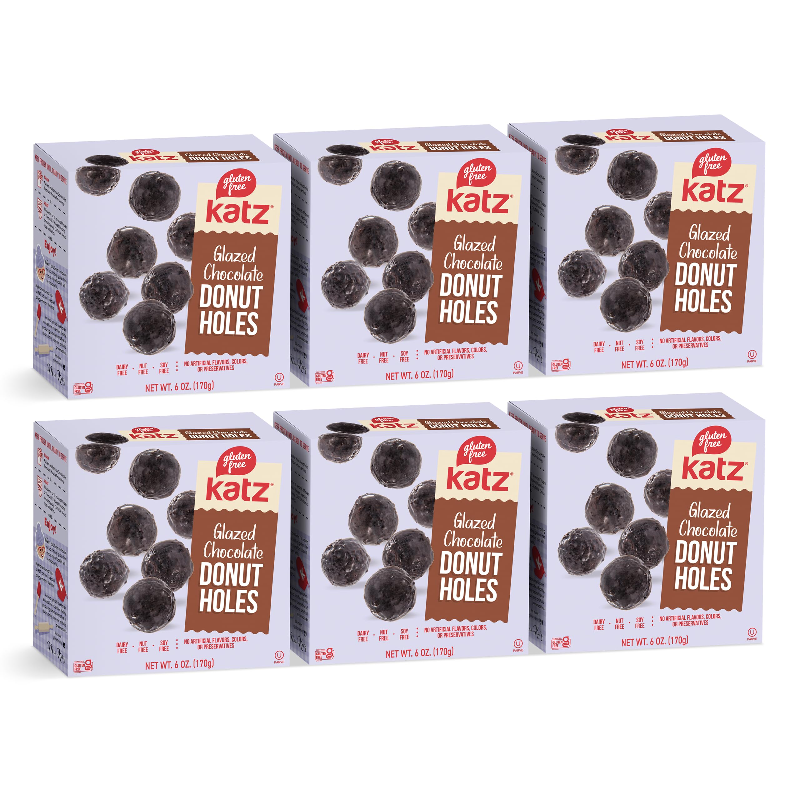 Katz Gluten Free Glazed Chocolate Donut Holes - 6 Pack (6oz Each) | Dairy Free, Nut Free, Soy Free, Kosher Certified | Perfect for Snacks, Parties & School Lunches