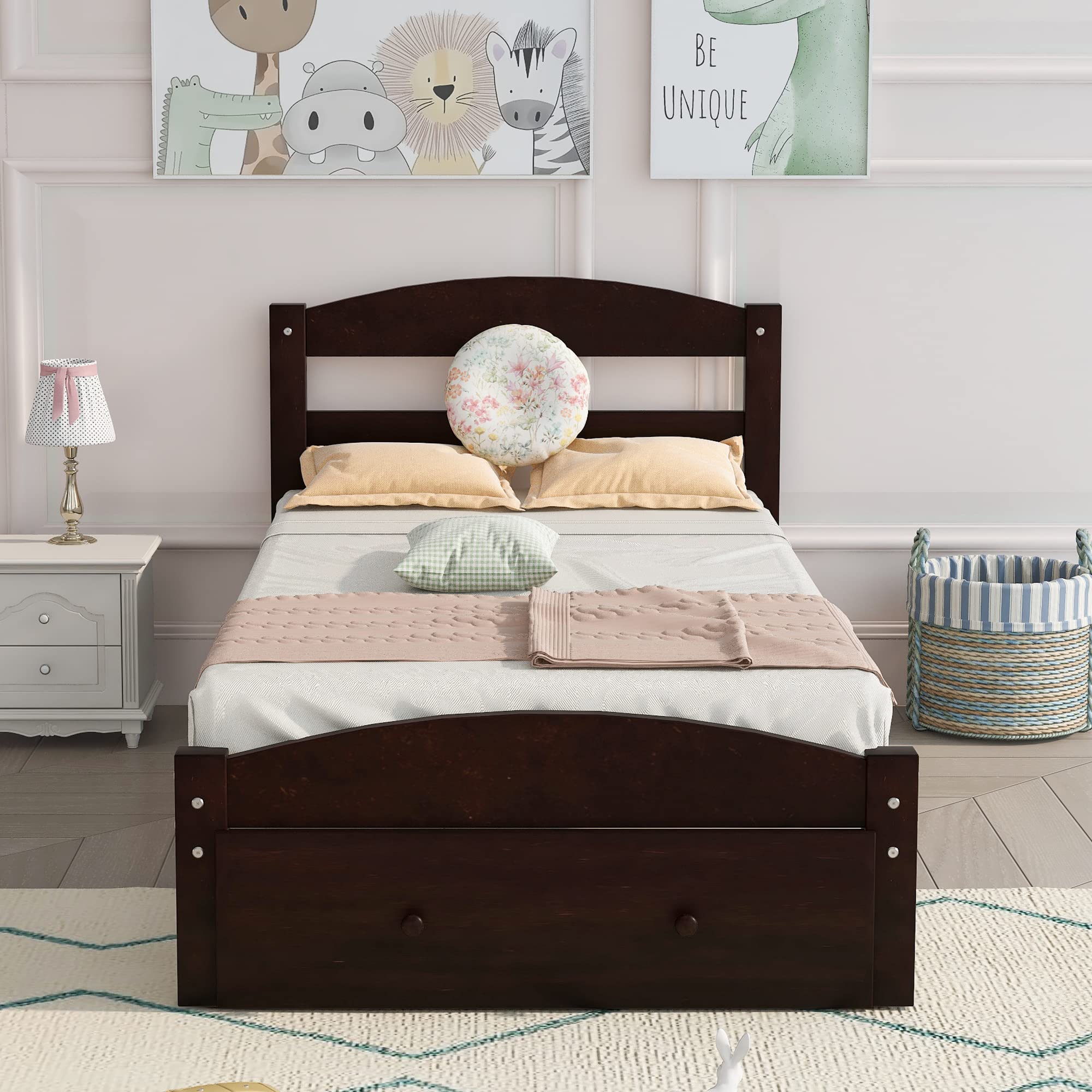 Rhomtree Twin Size Wood Platform Bed Frame with Storage Drawers & Wood Slat Support - No Box Spring Needed - Espresso Finish - Perfect for Kids Bedroom, Guest Room or Daybed Use