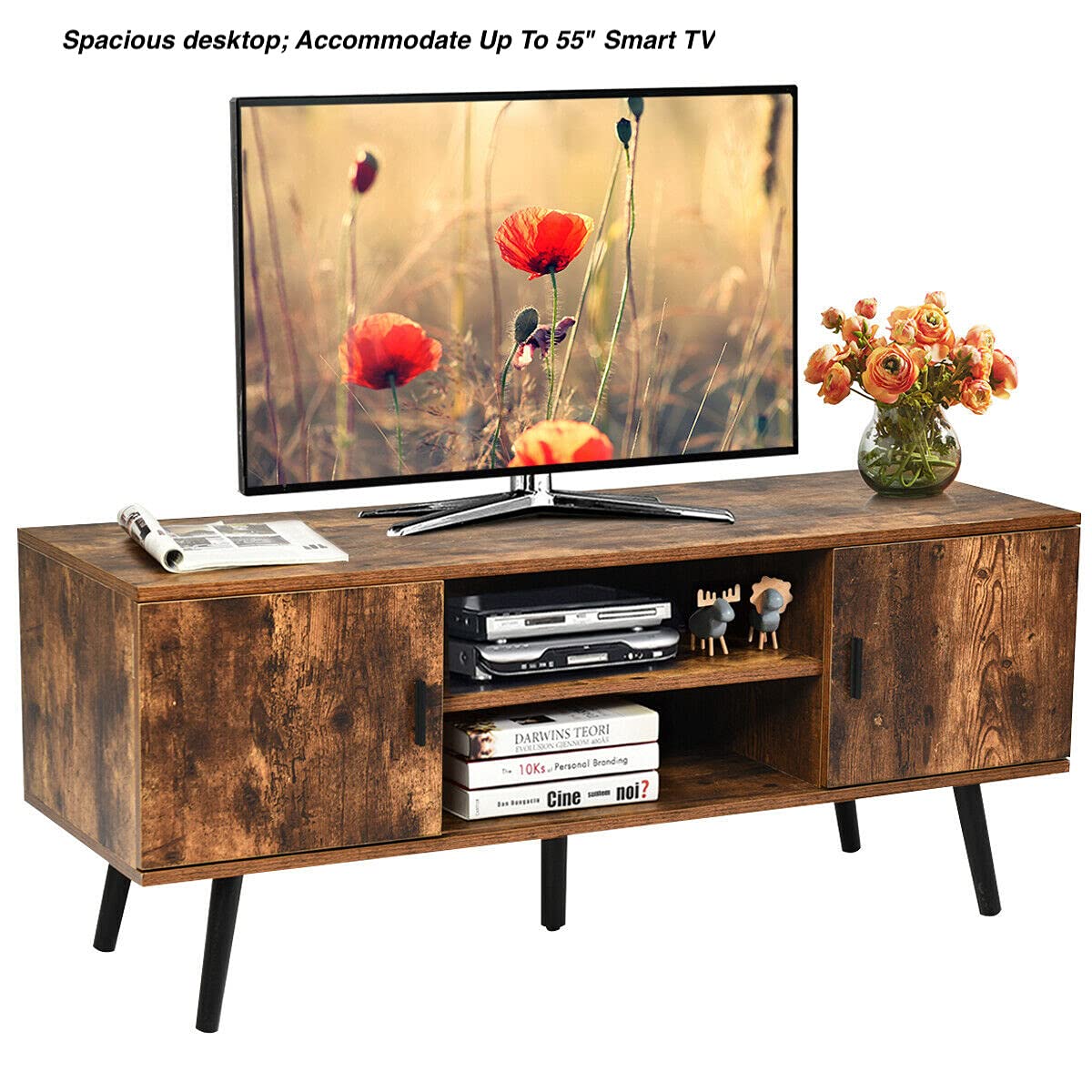 2-Tier TV Stand with Open Shelves & Storage Cabinets - Holds 55