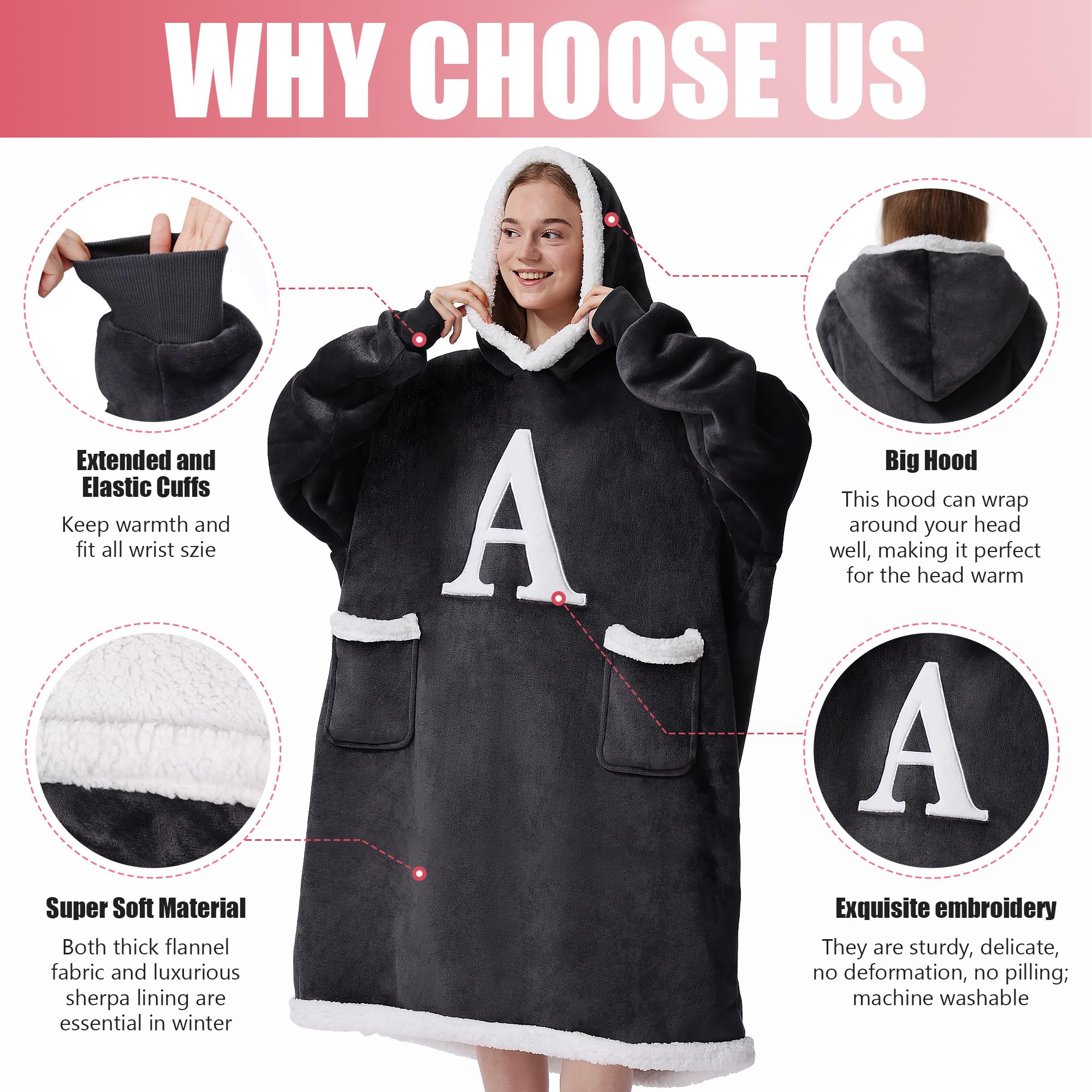 Personalized Monogrammed Wearable Blanket Hoodie - Custom Initial A-Z, Soft Fleece Sweatshirt Blanket for Women, Girlfriend, Mom & Wife - Perfect for Cozy Nights, Movie Marathons & Birthday Gifts