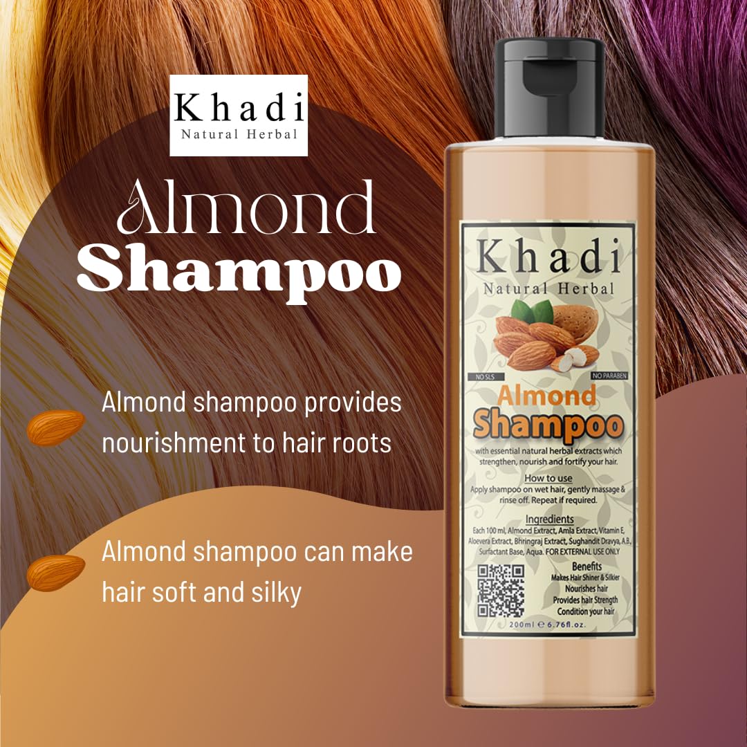 Khadi Natural Herbal Almond Shampoo for Long, Strong & Healthy Hair - Hair Fall Control & Smooth Silky Hair (200ml) | Perfect for Daily Hair Care & Scalp Nourishment