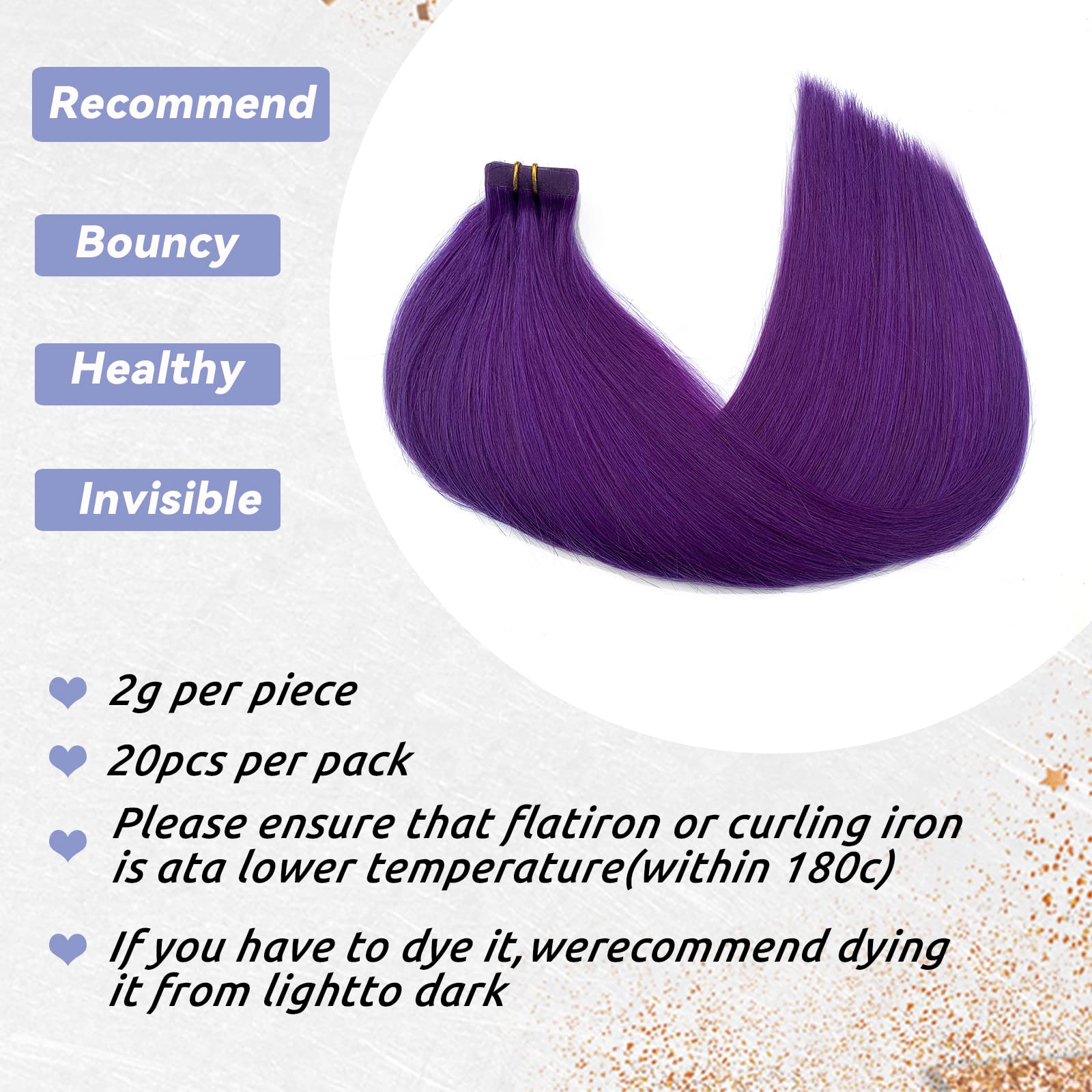 Smavida 20inch Tape in Hair Extensions - 100% Human Remy Hair, Soft Straight Seamless Skin Weft, Purple Highlights (20pcs, 50g/pack) - Perfect for Parties, Weddings & Daily Styling