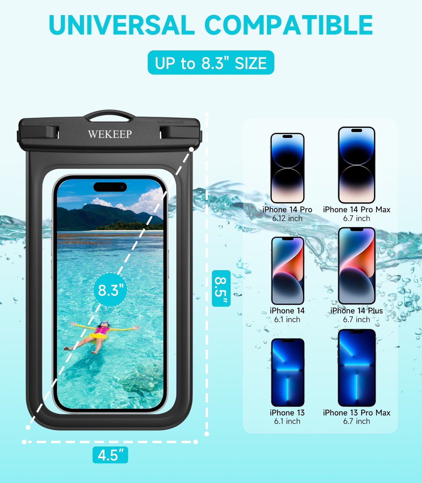 WEKEEP Waterproof Phone Pouch 2 Pack - IPX8 Certified Cellphone Dry Bag for Swimming, Beach, Cruise & Outdoor Activities - Universal Fit for iPhone Samsung - Essential Waterproof Phone Case (Black/Teal)