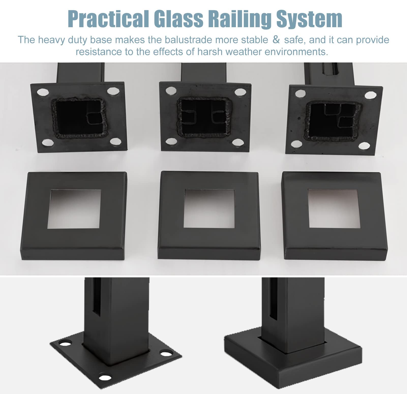 Heavy Duty Black Square Glass Railing Posts with Screws - MBROS Balcony Deck Stair Glass Balustrade Post for Patio, Loft, Platform & Garden - Perfect for Modern Outdoor Railings, Staircase Safety & Decorative Balcony Fencing