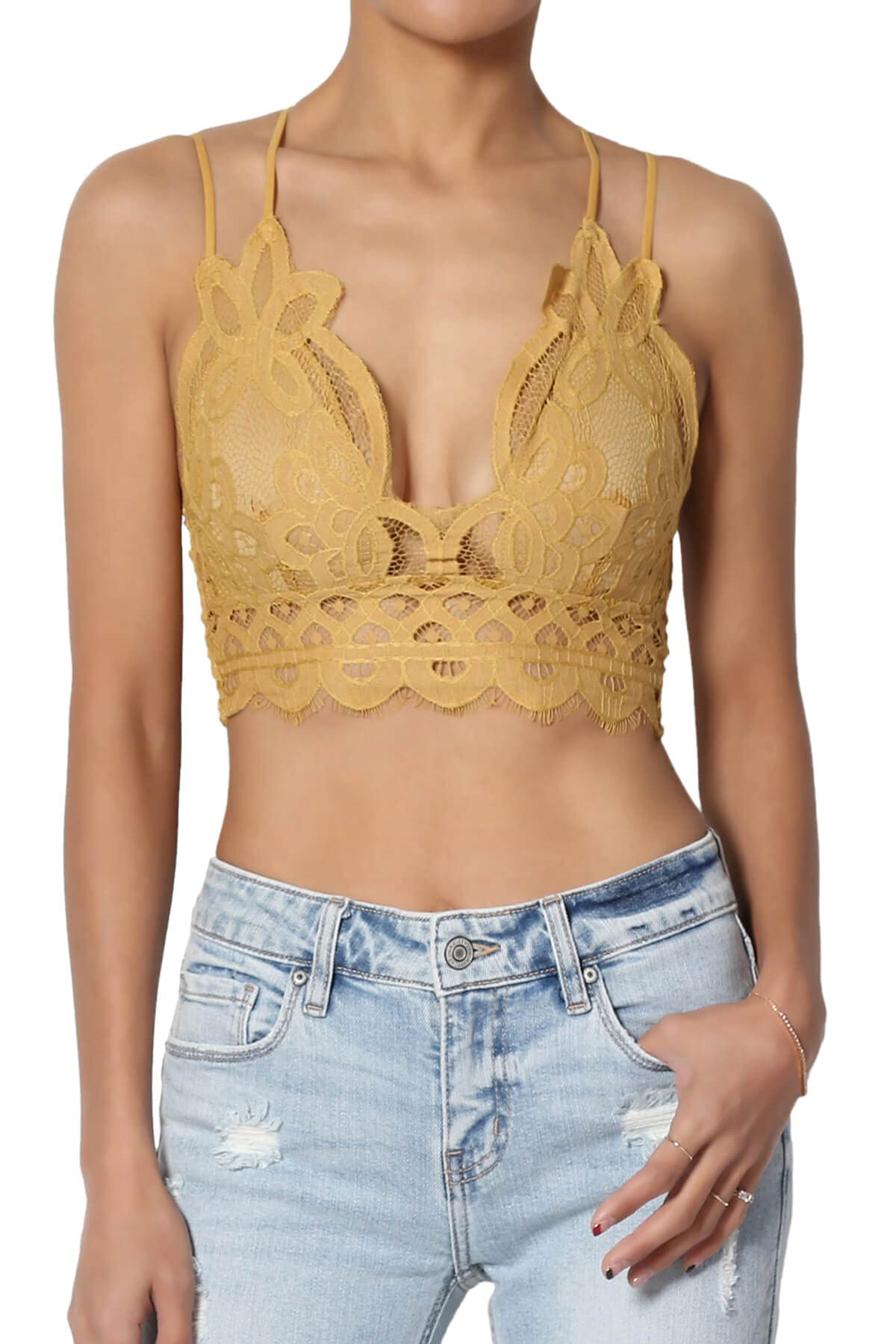 Women's Cross Strap Stretchy Smocked Back Crochet Lace Bralette with Removable Pads - Comfortable Wireless Bra Top for Yoga, Summer Outfits & Layering