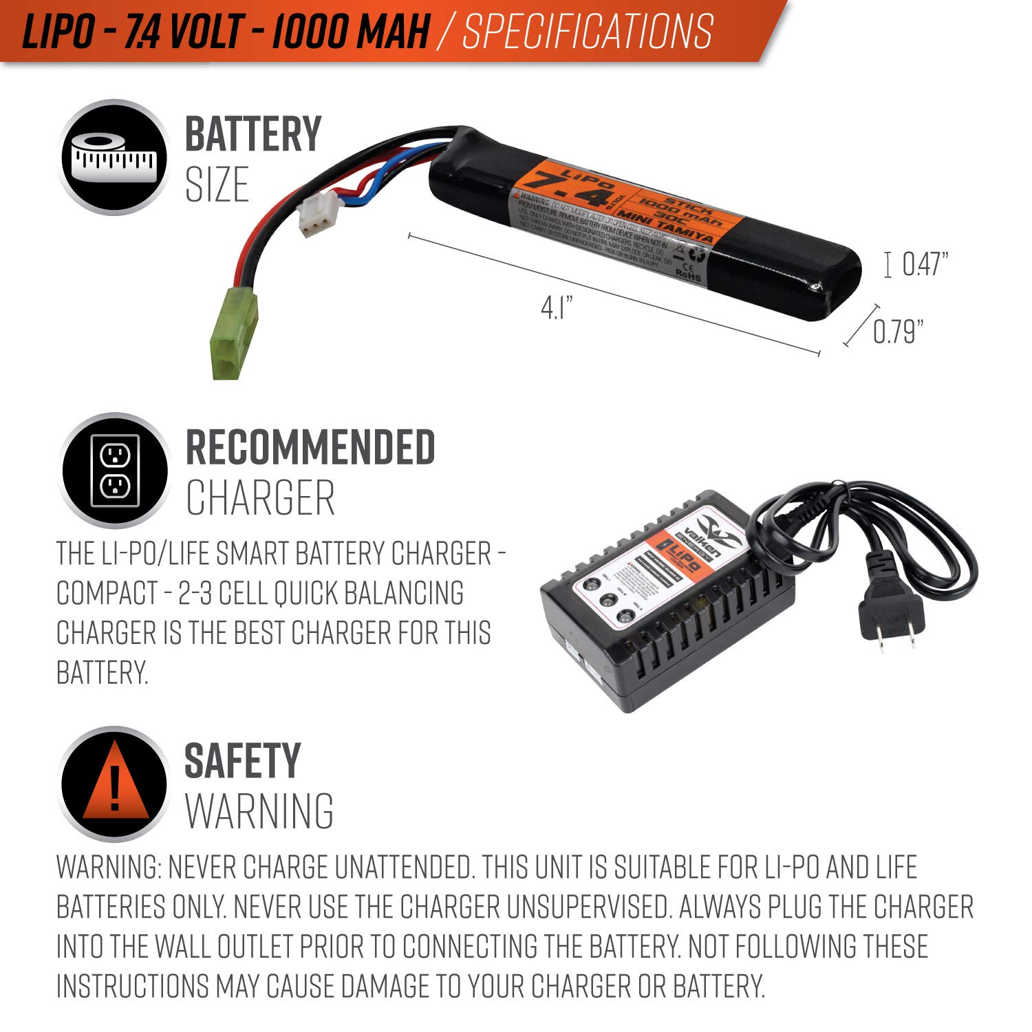 Valken 7.4V 1000mAh LiPo Airsoft Battery - High-Performance Rechargeable Pack for Airsoft Guns - Perfect for Outdoor Airsoft Battles
