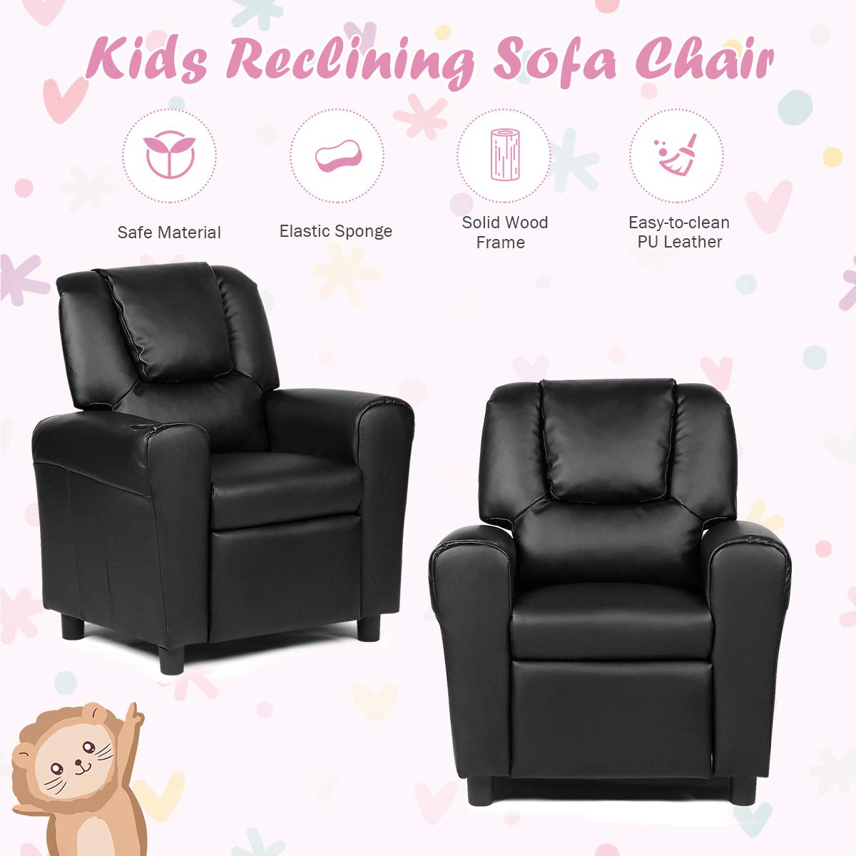 BETTARY Kids Recliner Chair - Adjustable PU Leather Lounge Chair with Footrest, Headrest & Cup Holder - Comfortable Toddler Sofa for Boys & Girls (Black) - Perfect for Playroom, Bedroom & Movie Nights