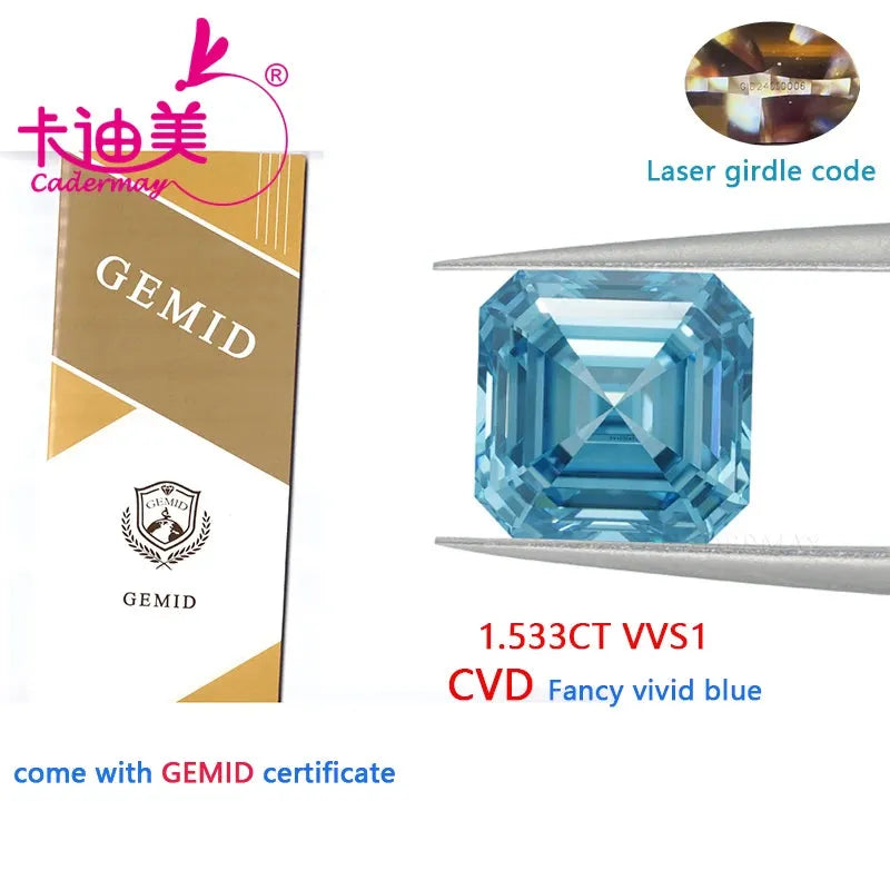 1.533CT CADERMAY Asscher Cut VVS1 Clarity CVD Lab Grown Diamond - Fancy Vivid Blue Loose Gemstone for Engagement Rings, Earrings & Jewelry Making