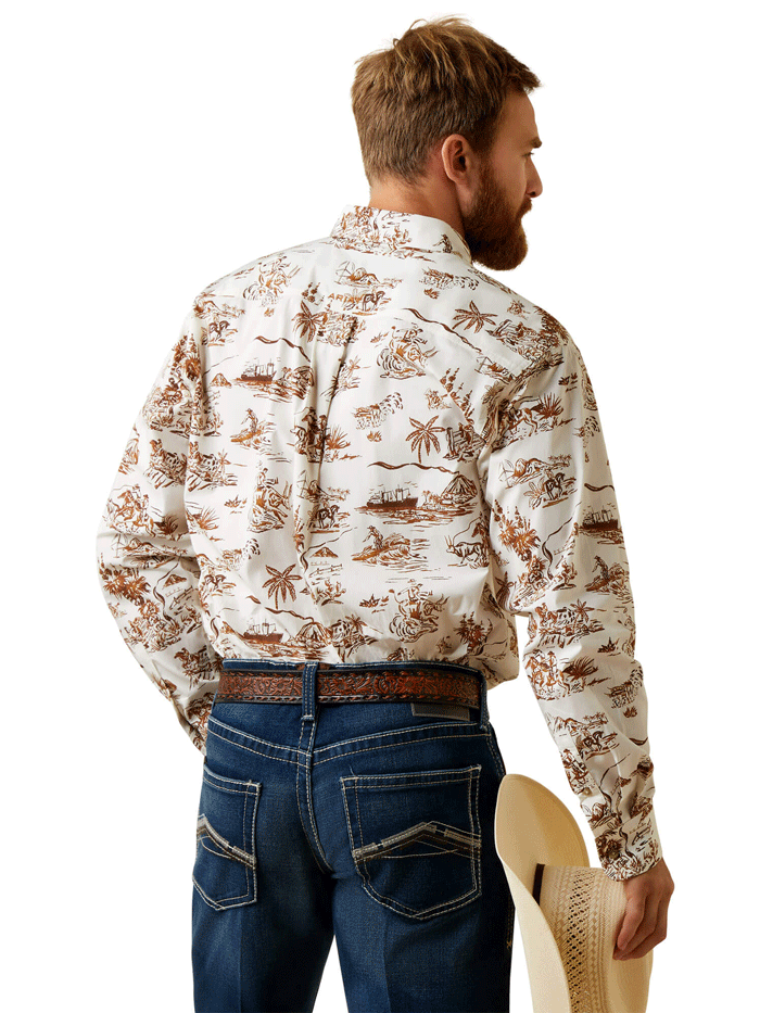 Ariat Men's Wrinkle Resistant Paniolo Western Aloha Stretch Classic Fit Shirt - Sand Color for Casual Wear, Cowboy Rodeo & Hawaiian Themed Events