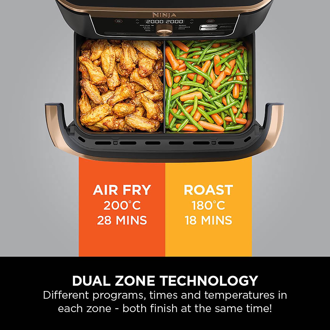 Ninja Foodi FlexDrawer Air Fryer - Dual Zone 10.4L Large Capacity with Removable Divider | 7-in-1 Multi Cooker for Air Frying, Roasting, Baking & Crisping | Non-Stick Dishwasher Safe Parts (Black/Copper) | Perfect for Family Dinners, Meal Prep & Healthy Cooking