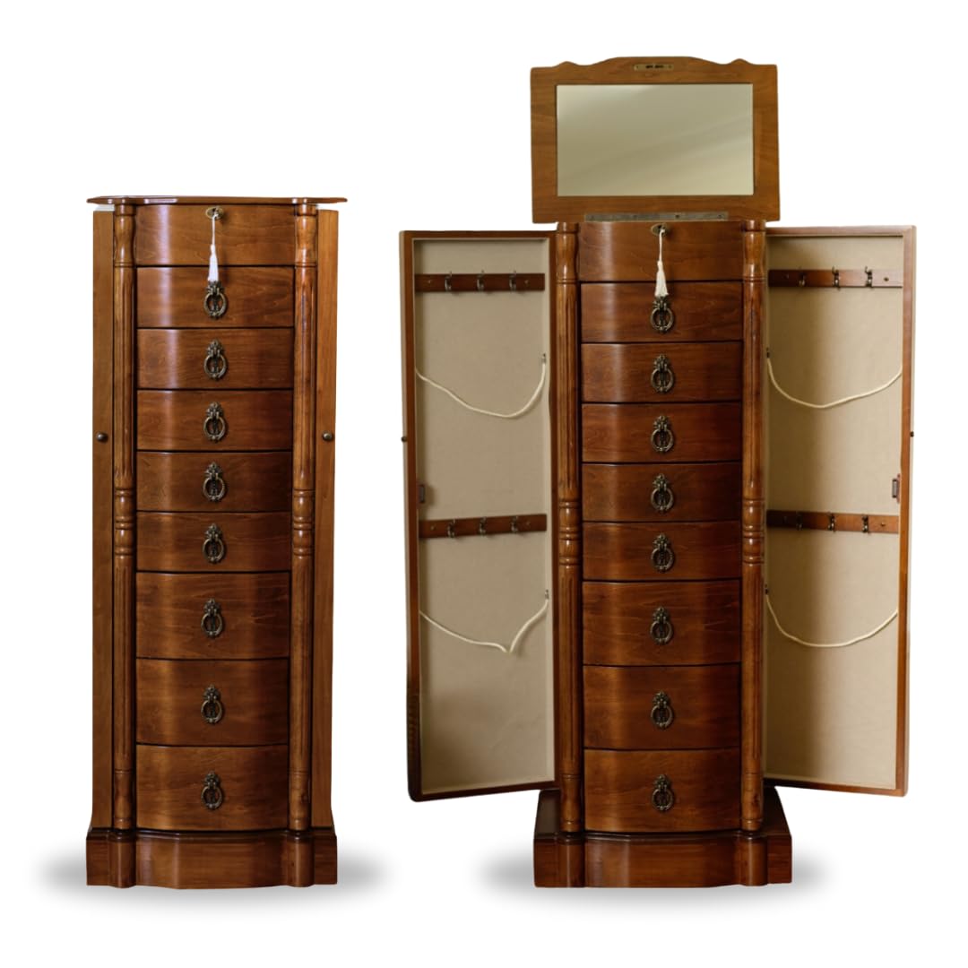 Hives and Honey Sheffield Standing Armoire Jewelry Cabinet - Walnut Wood Jewelry Storage Organizer with Mirror | Perfect for Bedroom, Closet & Dressing Room Organization