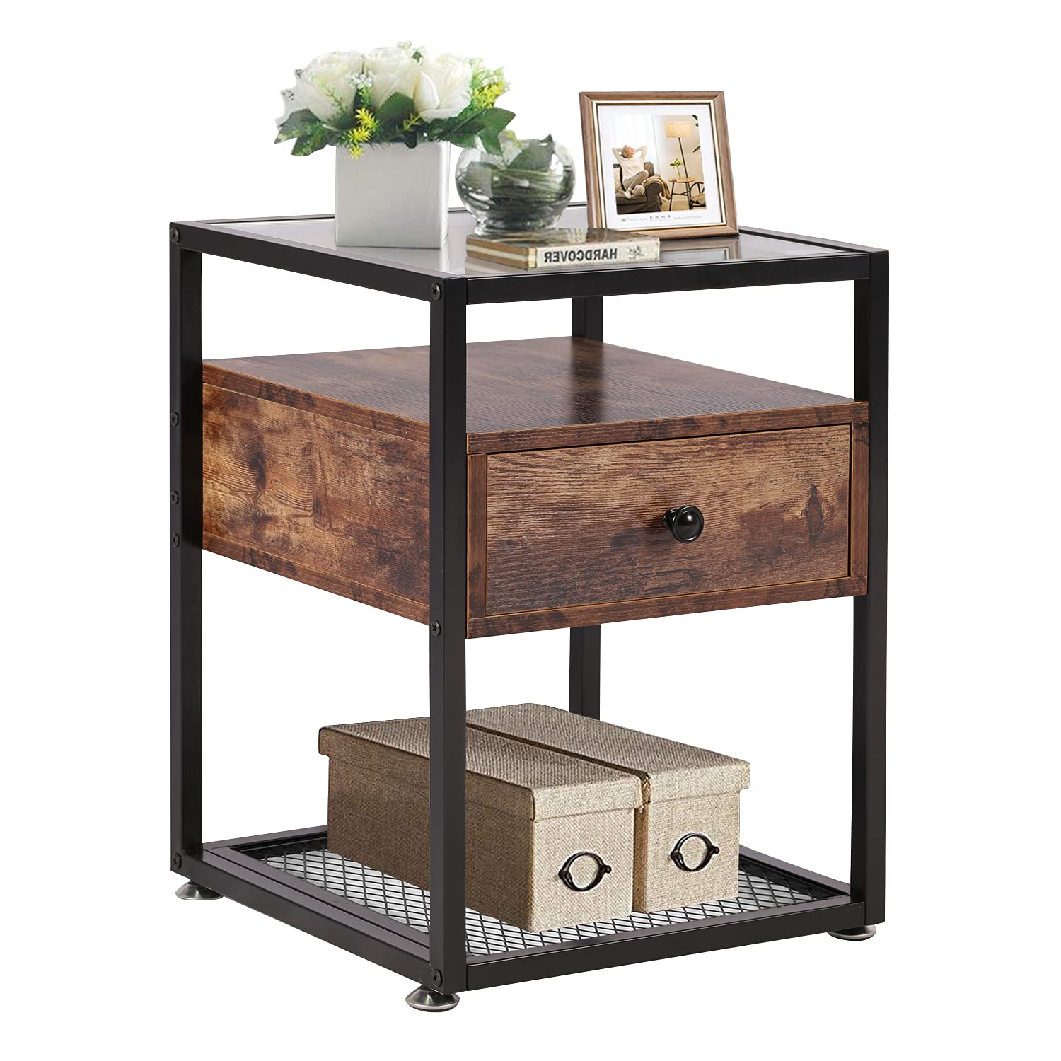 Modern Nightstands with Drawer - Rustic Brown End Tables for Bedroom, Living Room & Lounge - Metal Frame Entertainment Center & Sofa Side Table (1 Set) - Perfect for Storage, Media & Home Decor