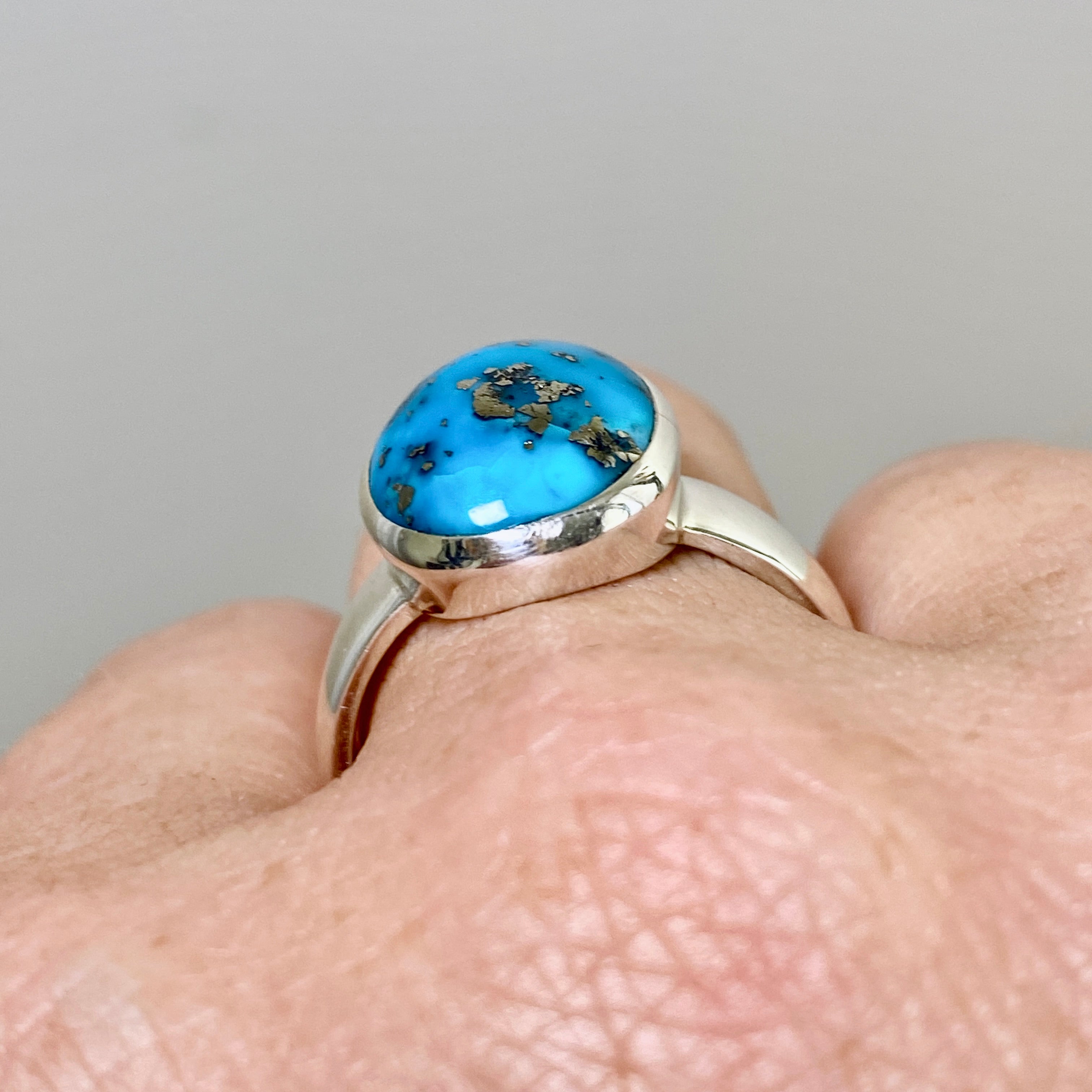 Natural Persian Turquoise with Pyrite Oval Cabochon Ring - Size 9.5 - Handmade Iranian Jewelry - Perfect for Boho Fashion & Gift Giving