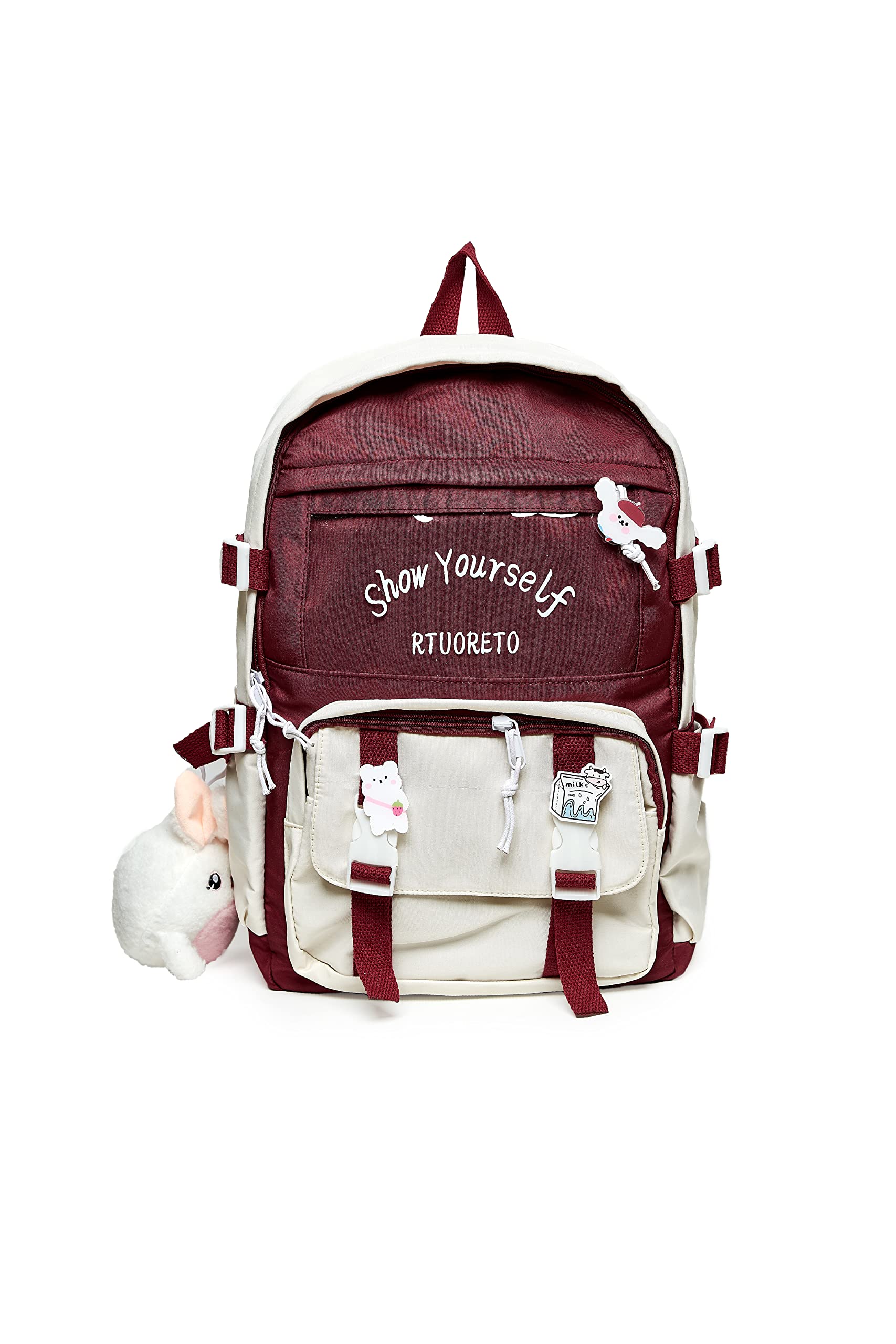 Cute Kawaii Backpack for Girls & Women - Aesthetic Plush Pin Pendant Accessories, Wine Red - Perfect for School, Travel & Everyday Use