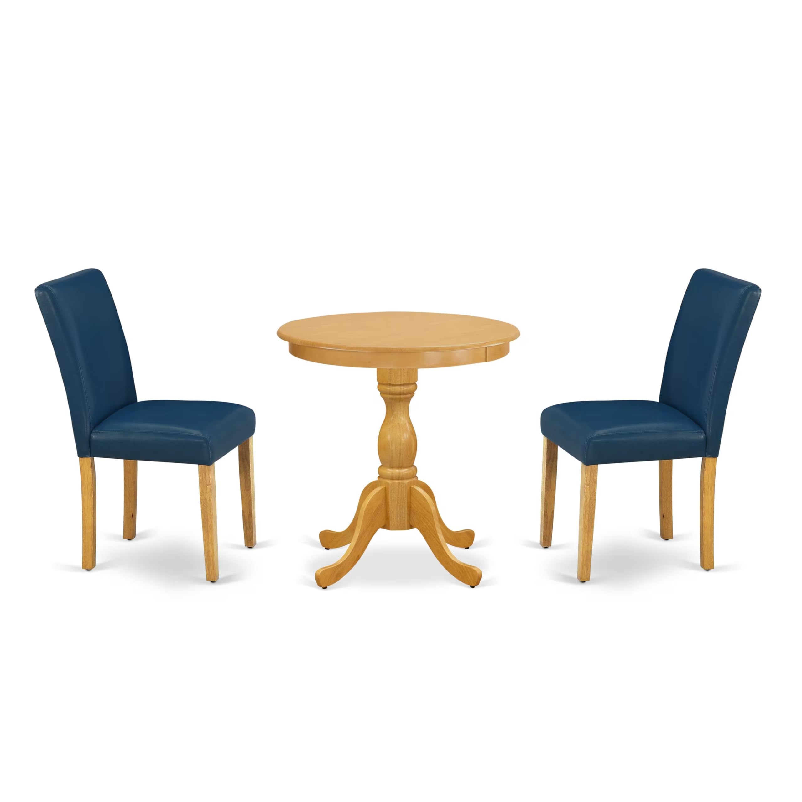 East West Furniture 3 Piece Dining Room Set - Round Pedestal Table & 2 Oasis Blue Faux Leather Chairs, 30x30 Inch, Oak - Perfect for Small Spaces, Breakfast Nooks & Cozy Apartments