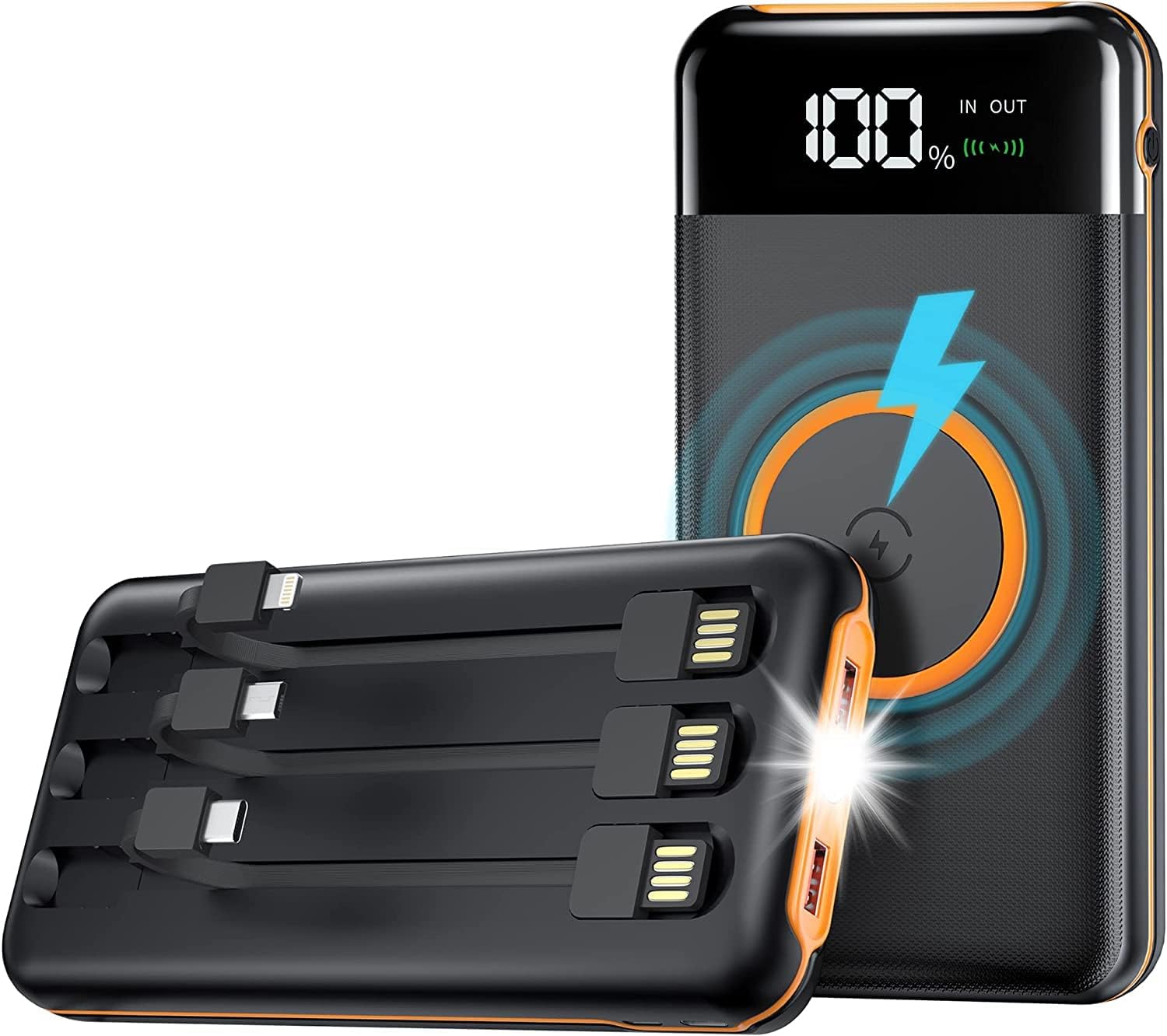 **40000mAh Portable Power Bank with Flashlight - 5V3.1A Fast Charging, Built-in Cables & 10W Wireless Charger - Compatible with Smartphones, Tablets (Orange) - Perfect for Travel, Camping, and Emergency Power Backup**