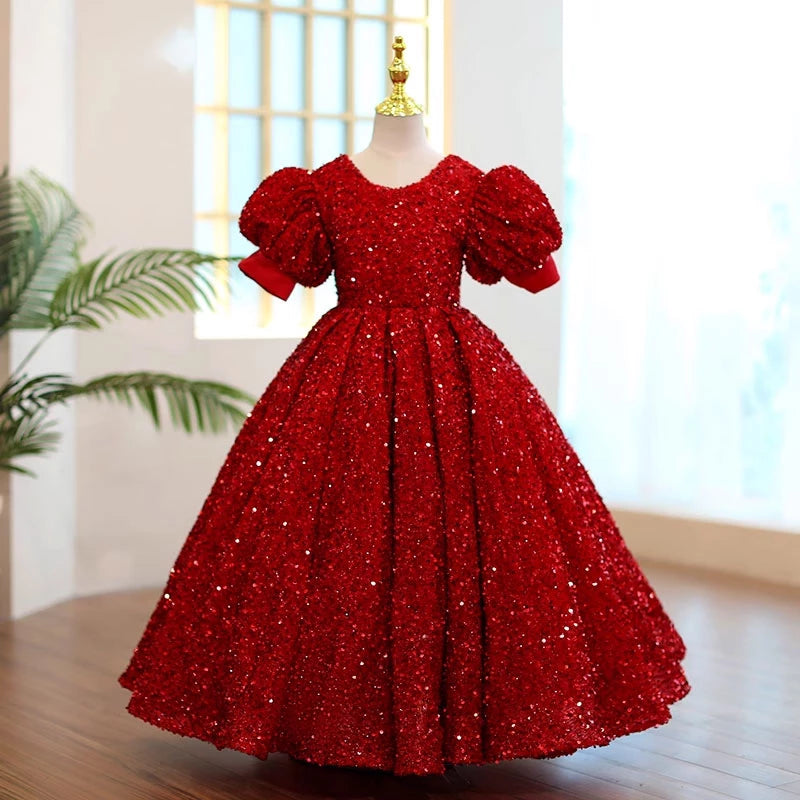 Burgundy Princess Round Floor Length Sequined Flower Girl Dress - Perfect for Weddings, Pageants & Special Occasions