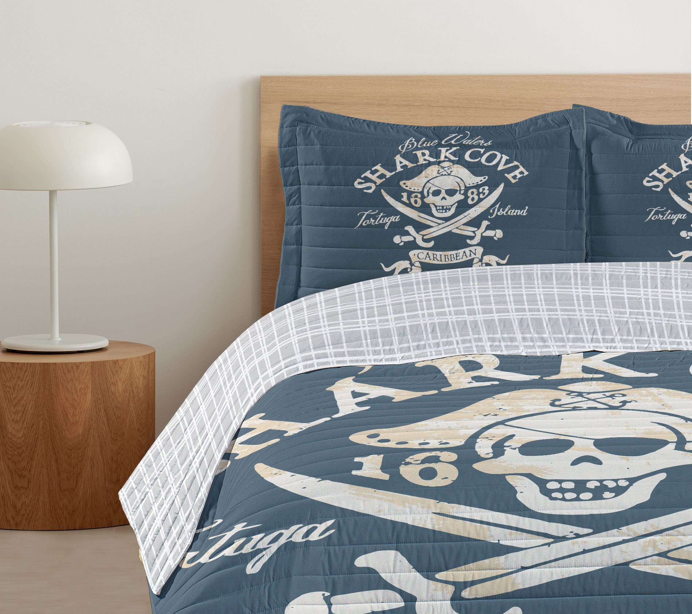 Ambesonne Pirate Reversible Bedspread Set - Shark Cove Tortuga Island Caribbean Waters Retro Jolly Roger Design | Microfiber Comforter & Pillow Shams | Queen Size Bedding in Pale Mustard & Slate Blue | Perfect for Nautical Themed Bedrooms, Pirate Lovers & Coastal Decor