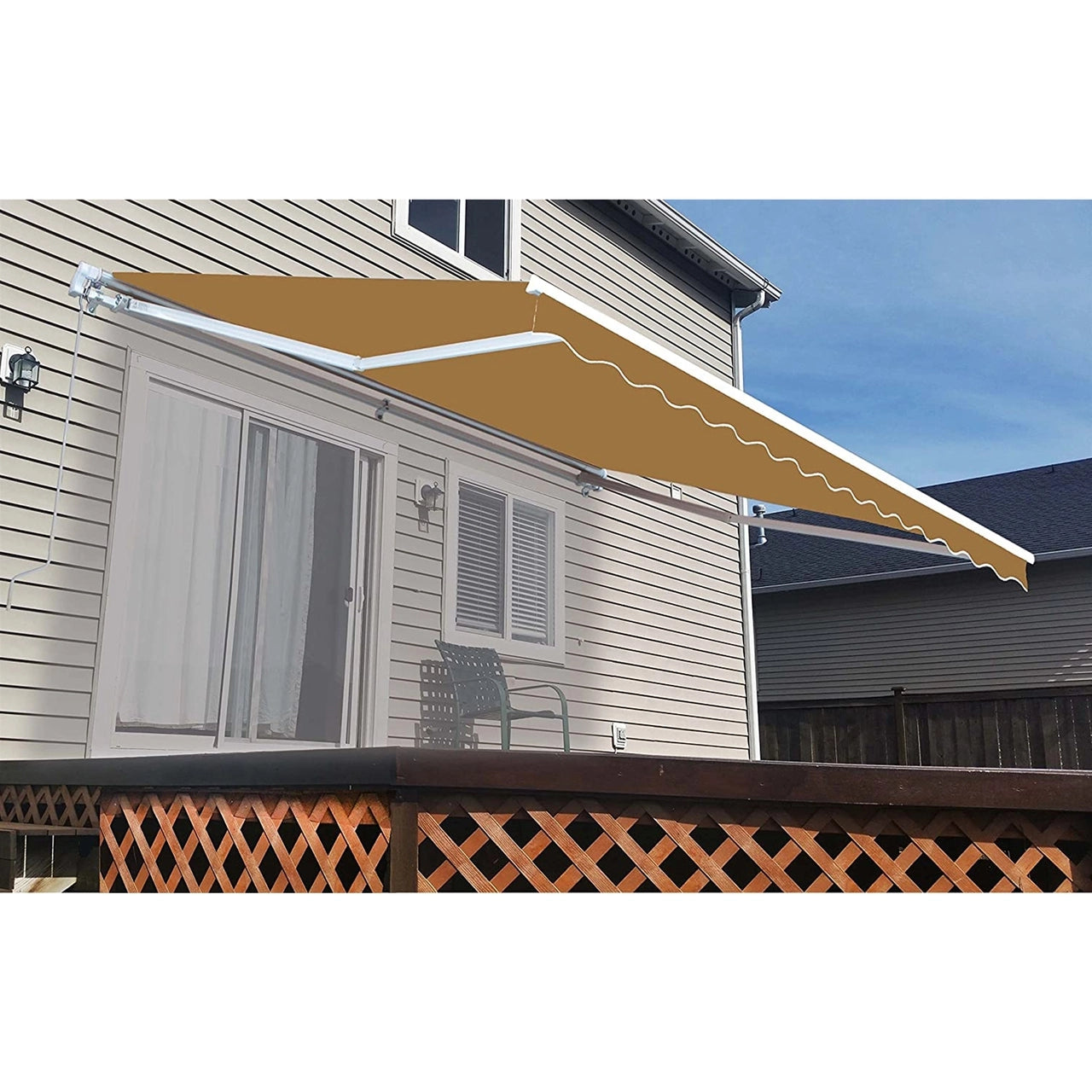 Aleko 10x8 Feet Motorized Retractable Patio Awning - White Sand Frame for Outdoor Shade & Sun Protection - Perfect for Backyard, Deck, and Poolside Relaxation