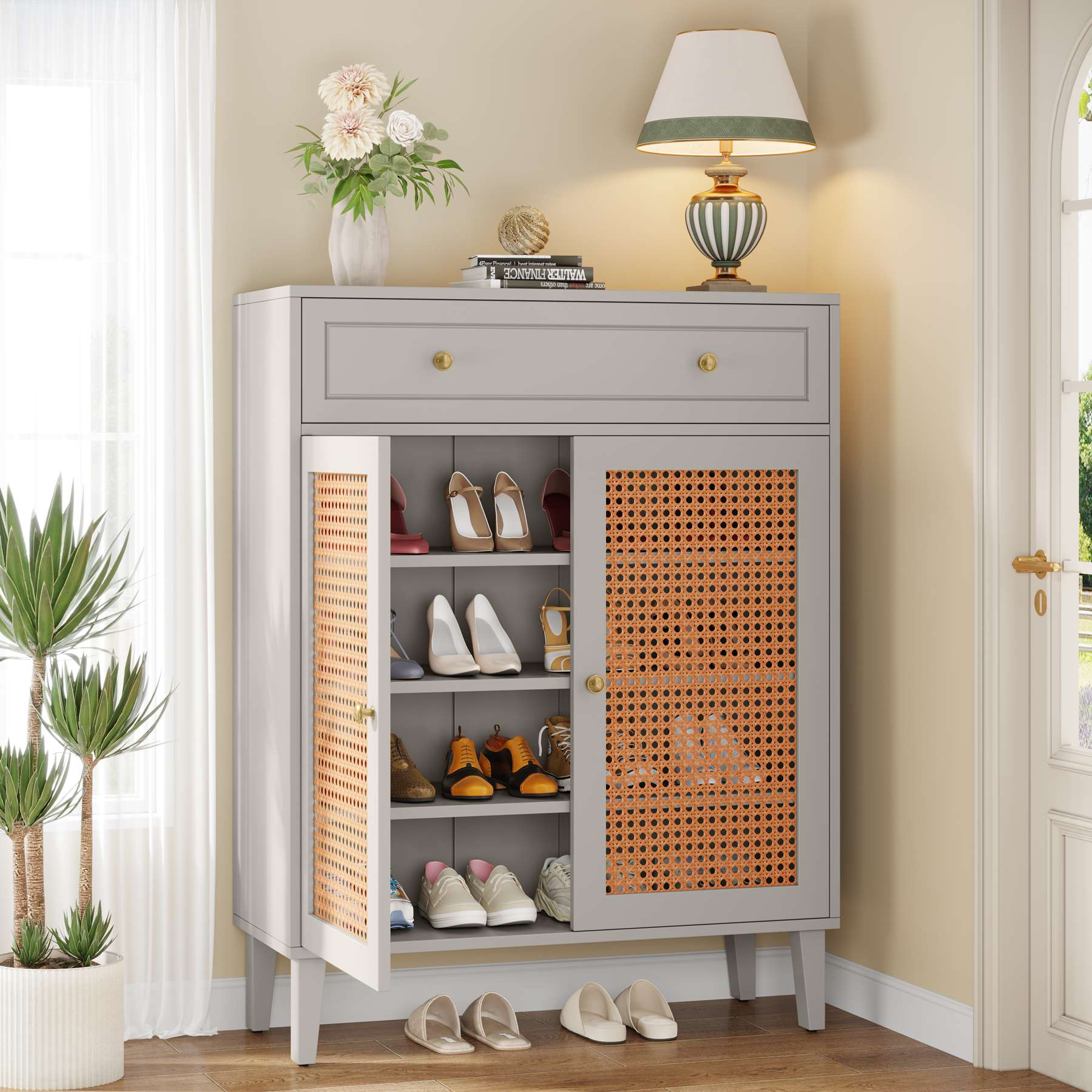 Solid Wood Shoe Cabinet with Rattan Doors & Drawer - Modern Entryway Shoe Storage Organizer for Hallway, Closet, or Mudroom Organization