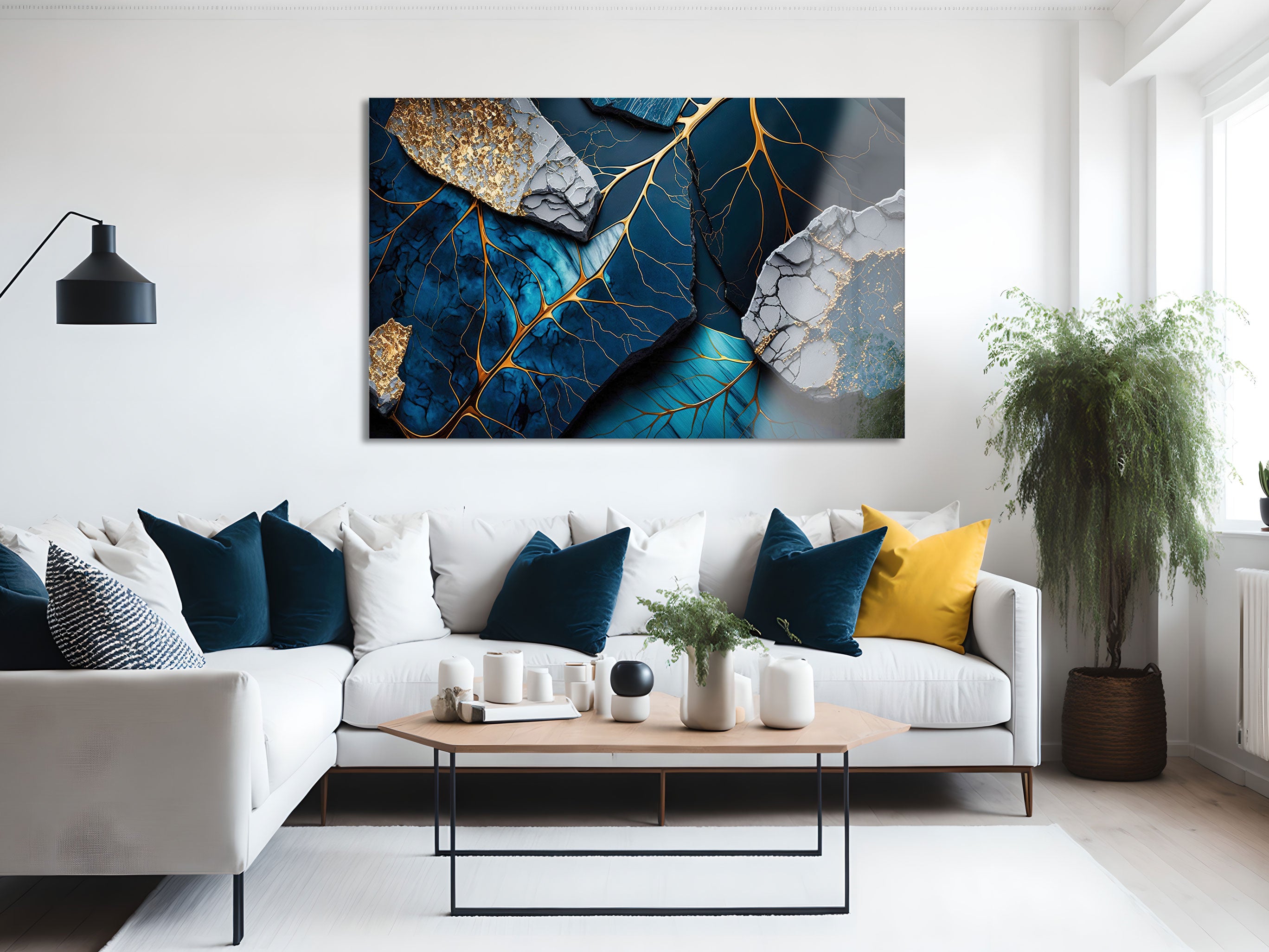 Golden Veined Blue Abstract II Wall Art - Modern Canvas Painting for Living Room, Bedroom & Office Decor