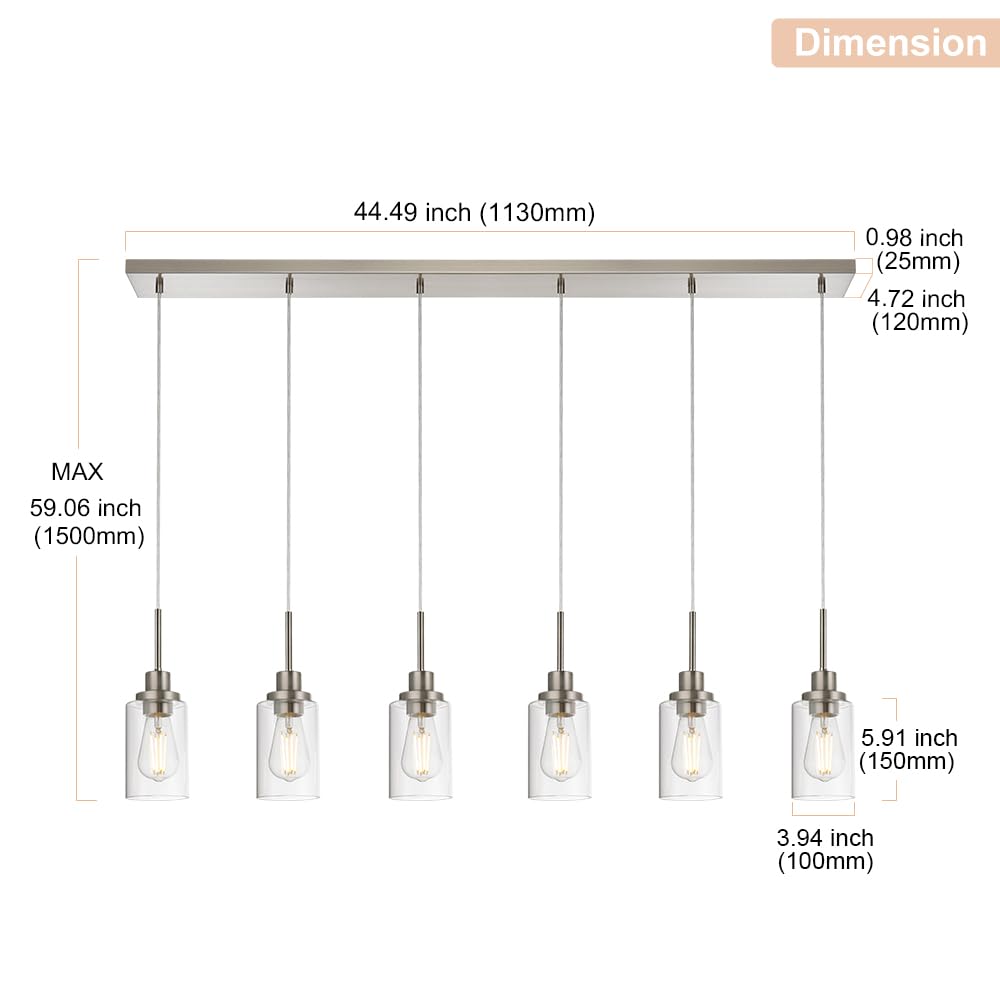 6-Light Brushed Nickel Pendant Lighting for Kitchen Island - Adjustable Hanging Wire & Clear Glass Shades - Perfect for Dining Room, Bar Counter, and Modern Kitchen Decor