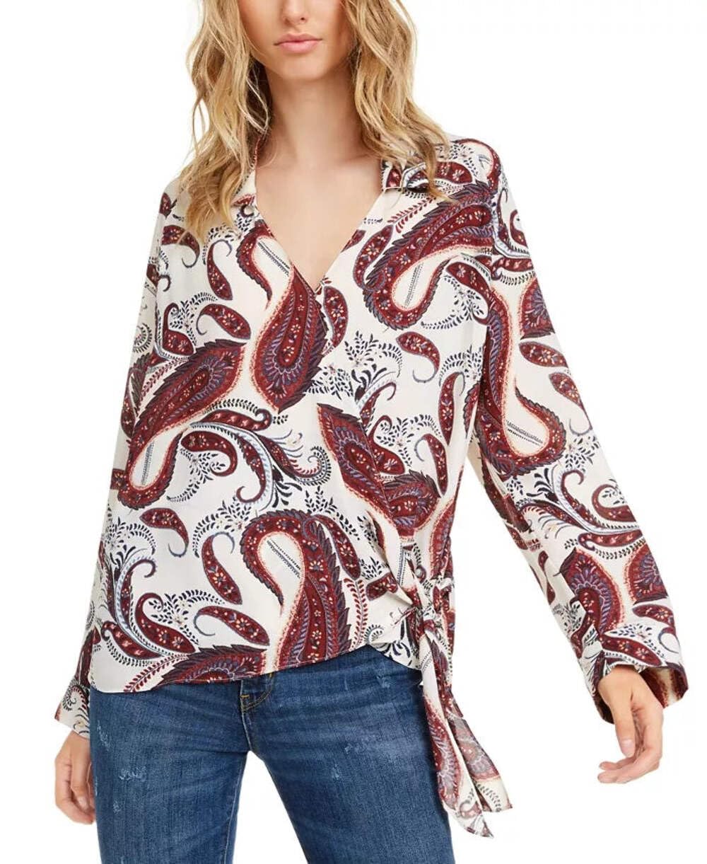 Leyden Women's Paisley Print Collar Wrap Top - White XS | Flowy Blouse for Casual Wear, Office & Date Night