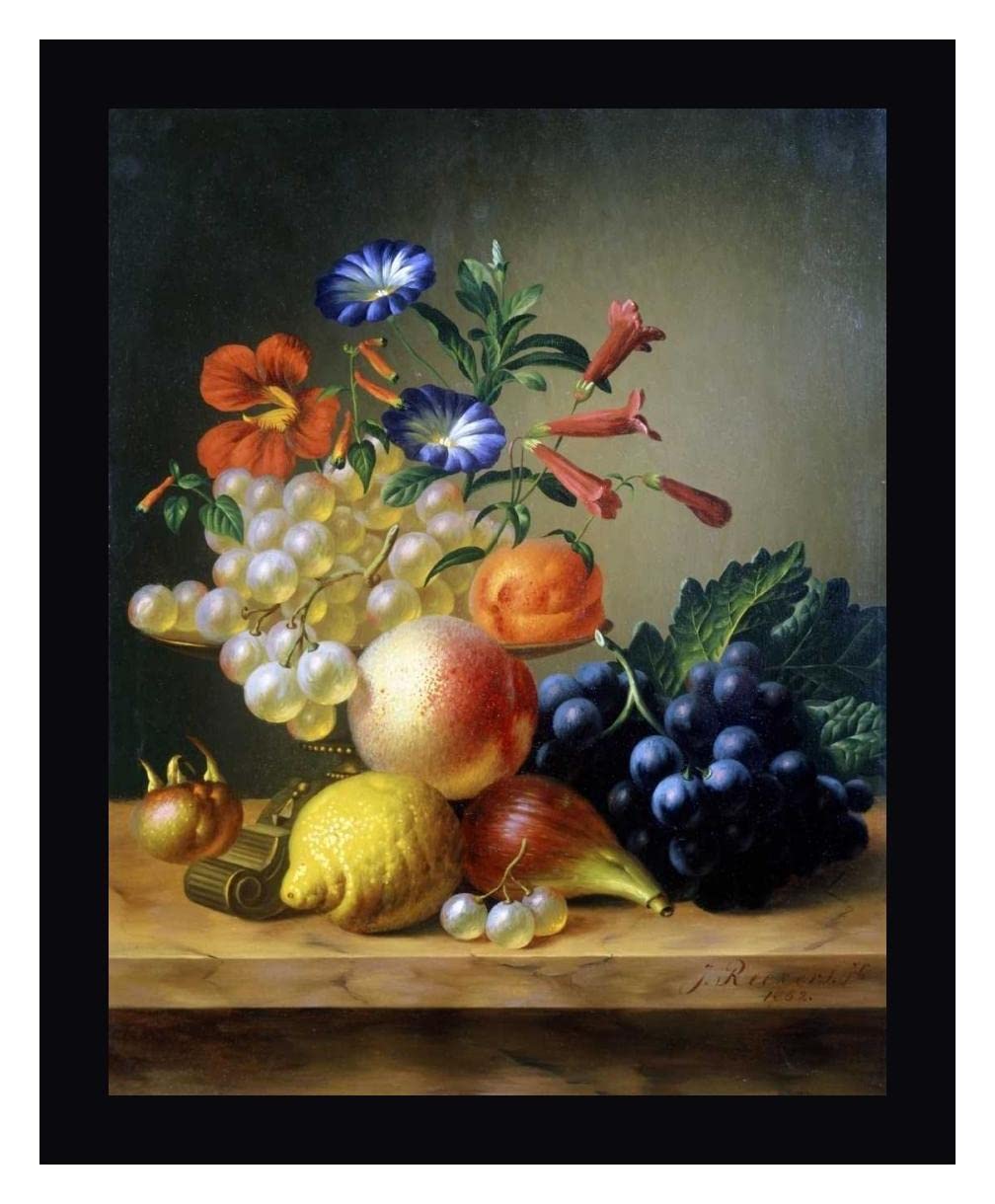 Johannes Reekers Framed Fruit Canvas Art Print - 20x24 Inch Still Life Painting of Grapes, Lemon & Fig - Black Frame Ready to Hang - Perfect for Kitchen, Dining Room or Office Wall Decor